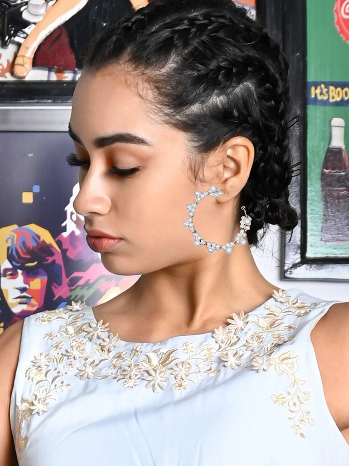 Odette Women White Beaded Metal Earrings - Image 2