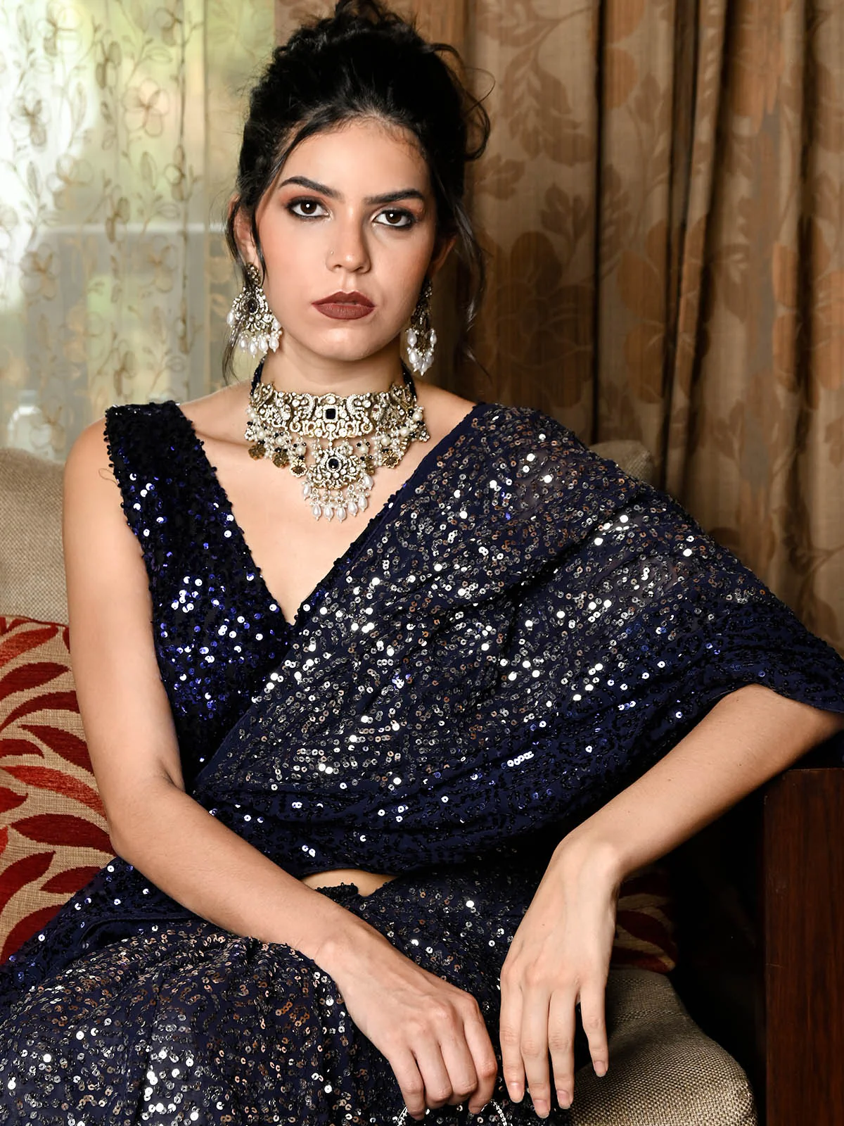 Odette Women Royal Blue And White Heavy Bridal Necklace Set With Statement Earrings - Image 2