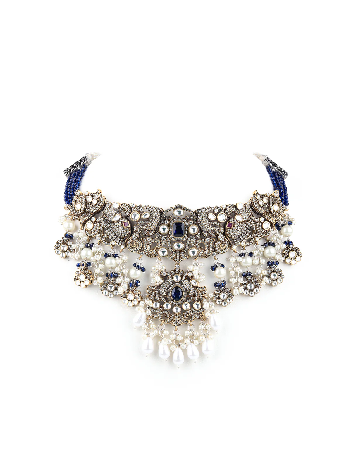 Odette Women Royal Blue And White Heavy Bridal Necklace Set With Statement Earrings - Image 4