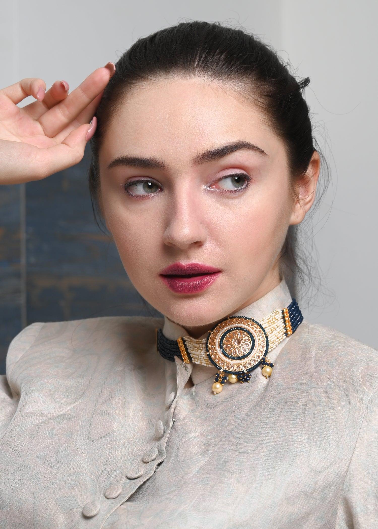 Odette Women Royal Blue Pearl Choker Set - Image 2