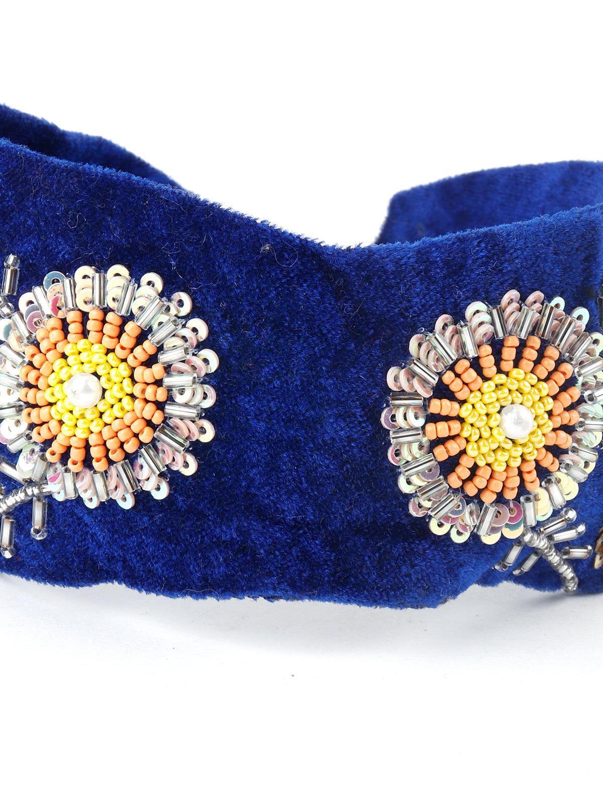 Odette Women Royal Blue Velvet Hairband With Tickles And Rhinestones - Image 5