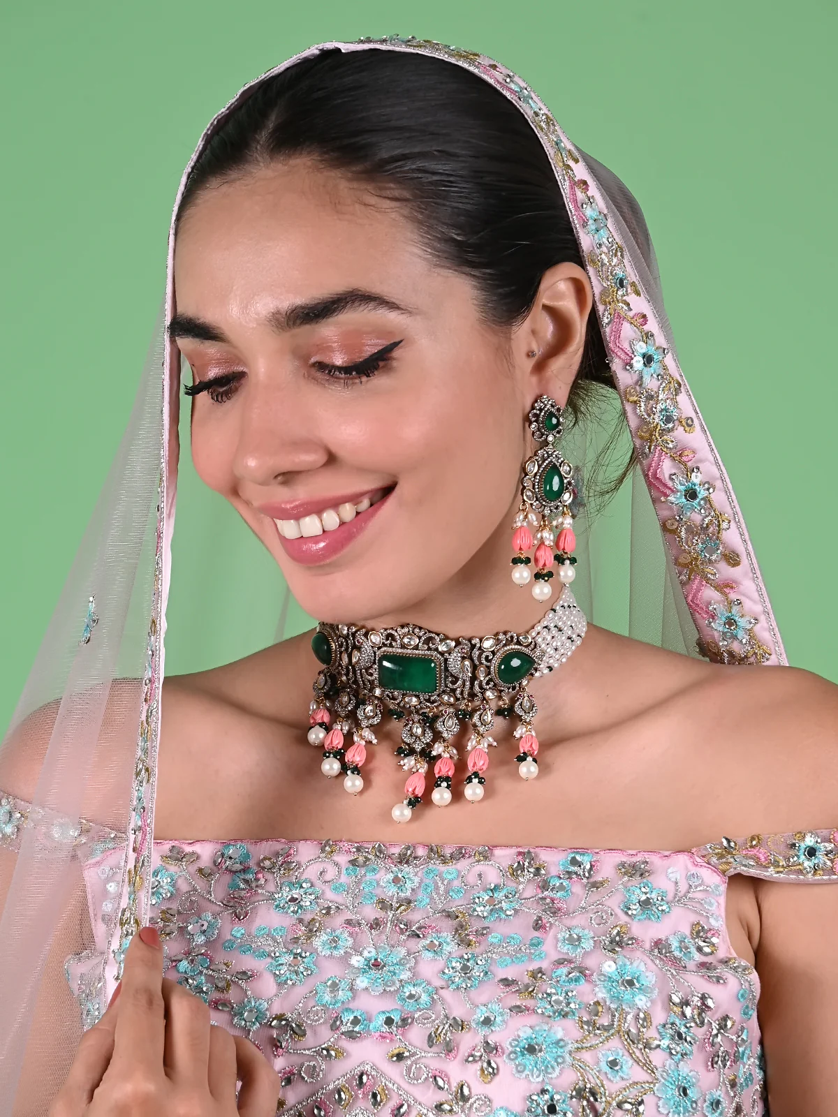 Odette Green And White Alloy Jewellery Set For Women - Image 2