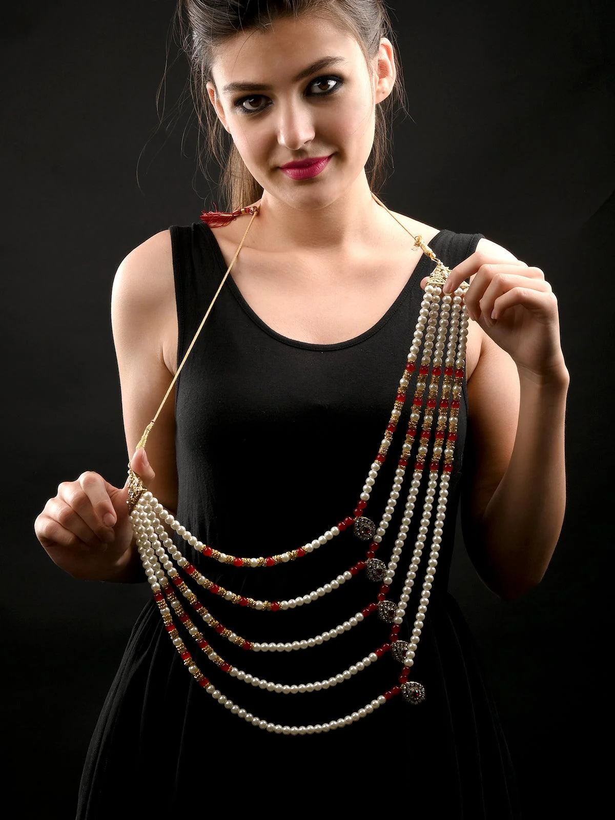Odette Women Ruby And White Multi Layered Kundan Necklace