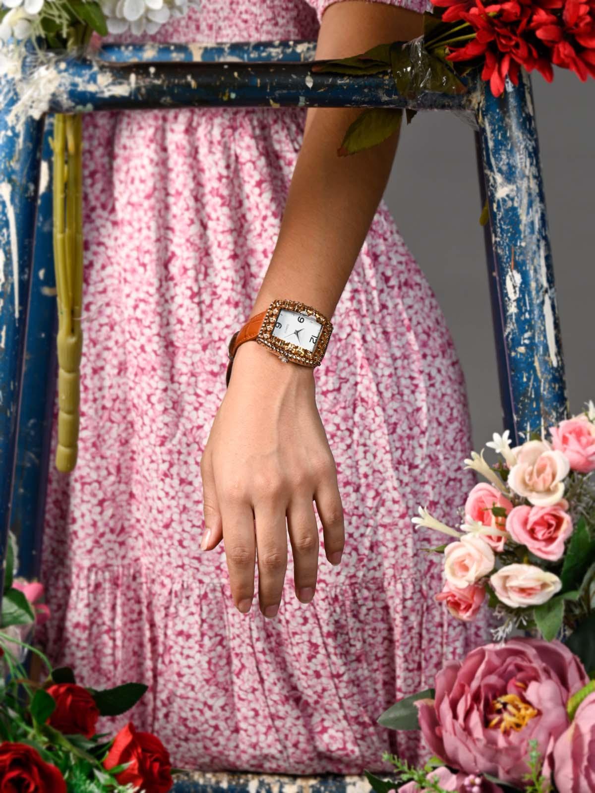 Odette Women Rust Coloured Textured Wristwatch
