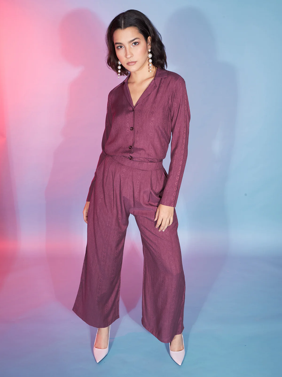 Odette Women Rust Maroon Viscose Rayon Printed Co-Ord Set
