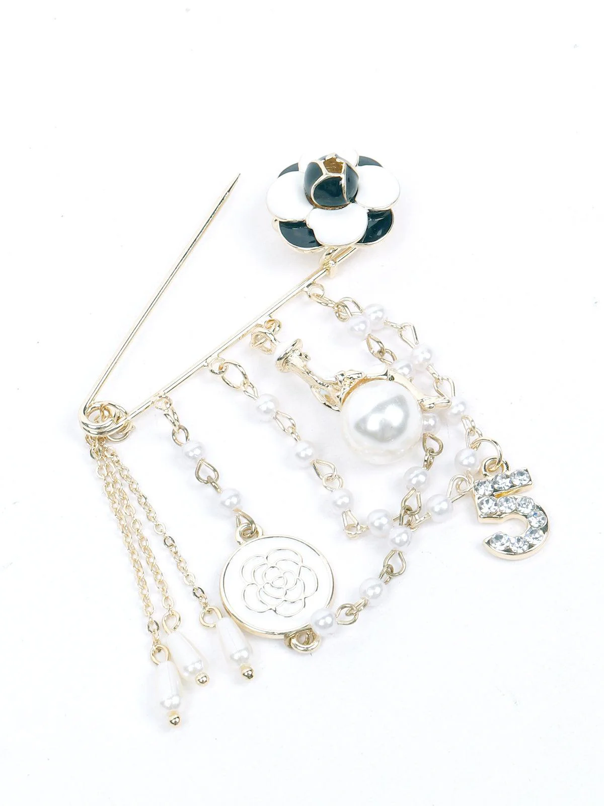 Odette Women Safety Pin Designer Gold-Tone Charms Brooch - Image 3