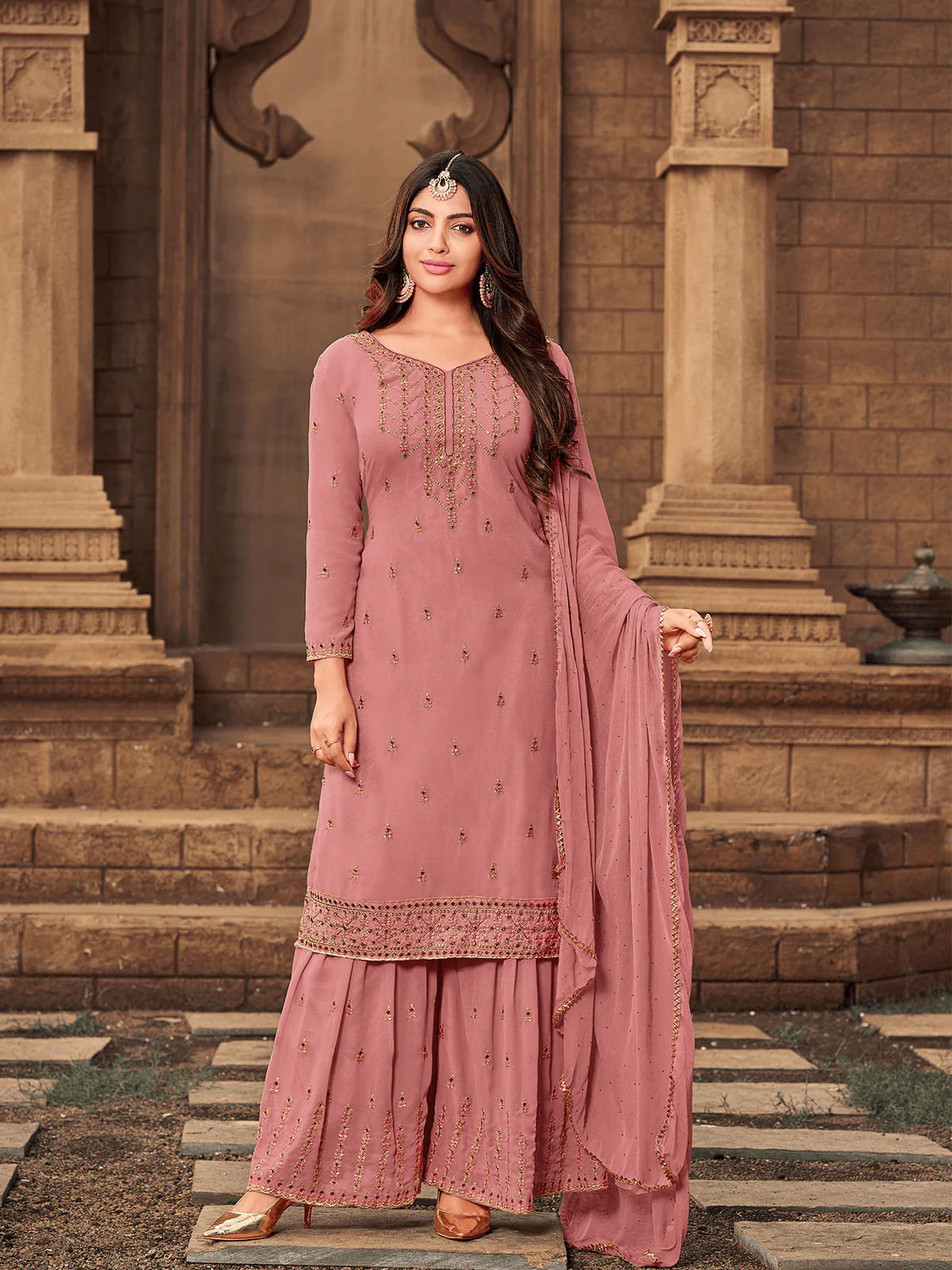 Odette Women Pink Georgette Designer Embroidery Diamond Stone Work Semi Stitched Kurta Set