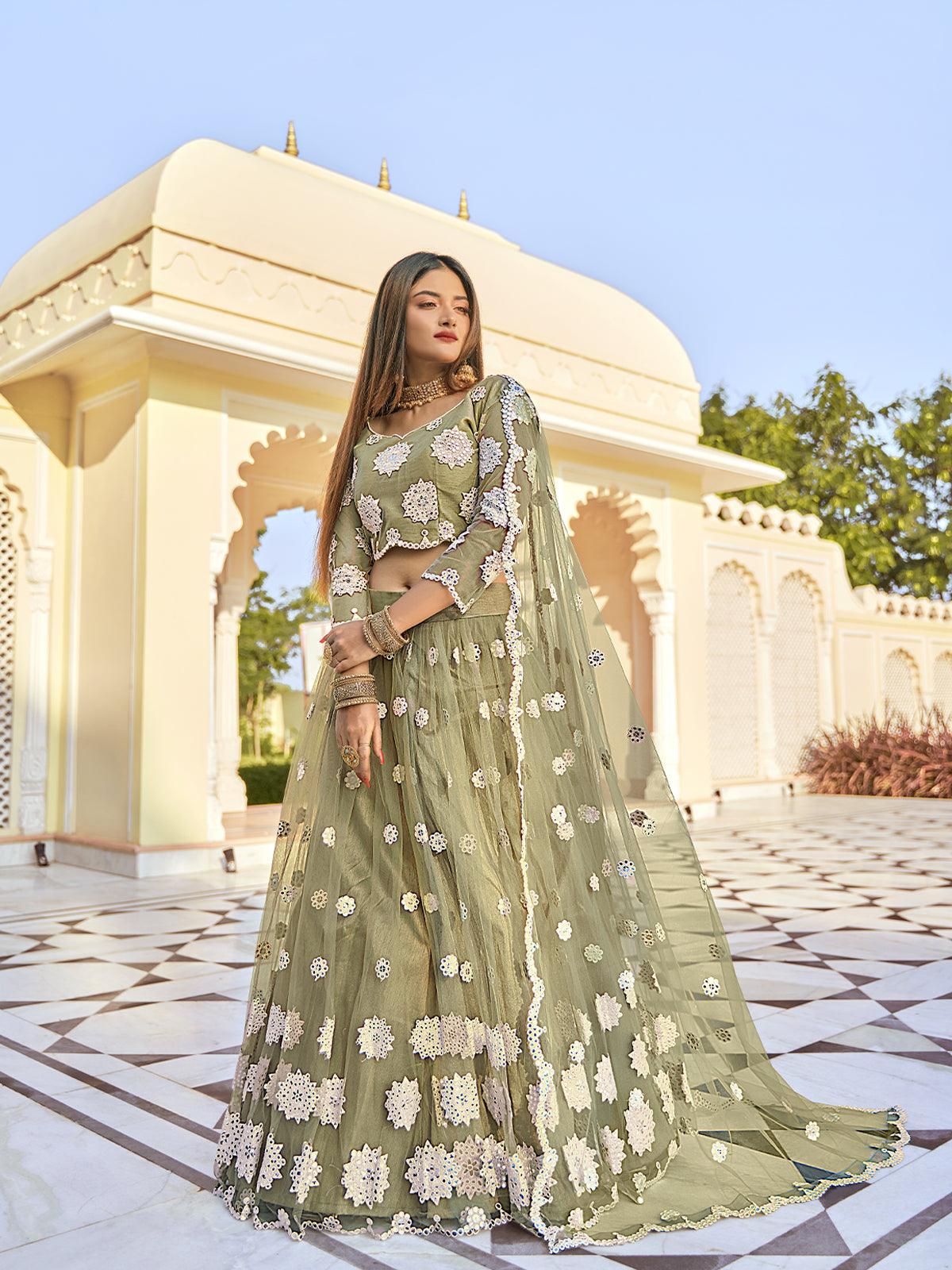 Odette Women Pistachio Green Fancy Net Semi Stitched Lehenga With Unstitched Blouse