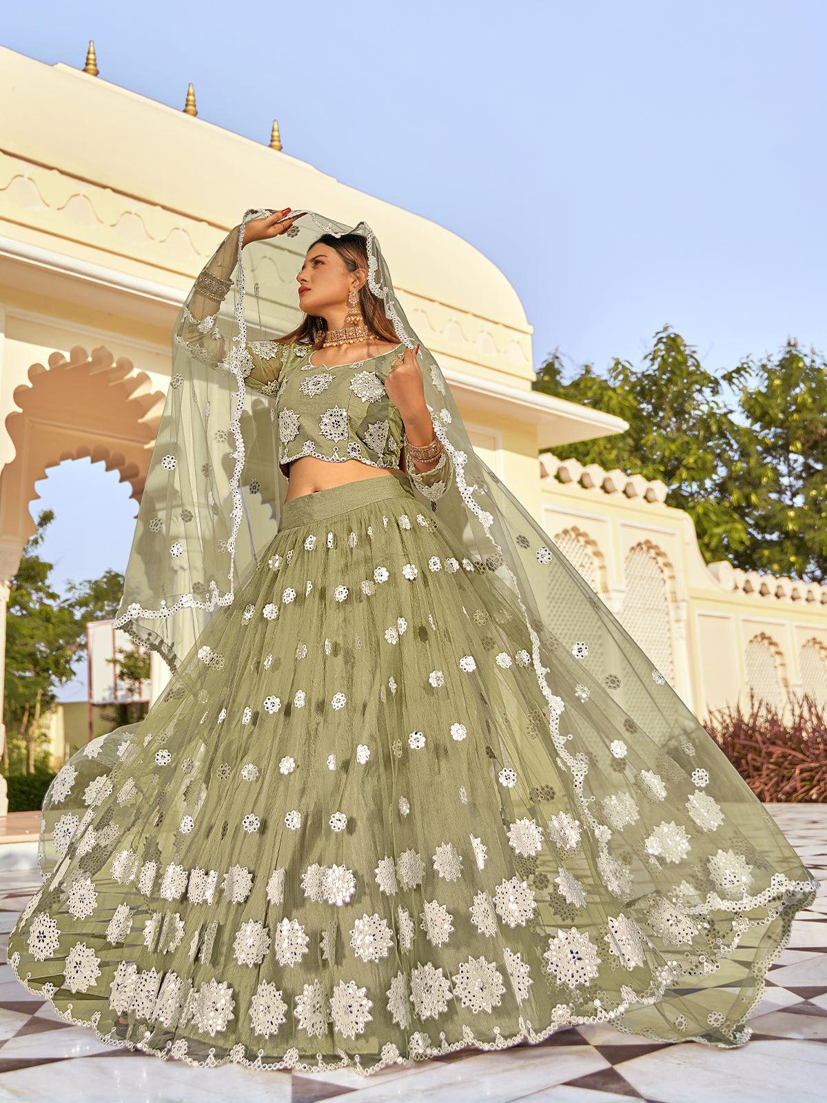 Odette Women Pistachio Green Fancy Net Semi Stitched Lehenga With Unstitched Blouse - Image 2
