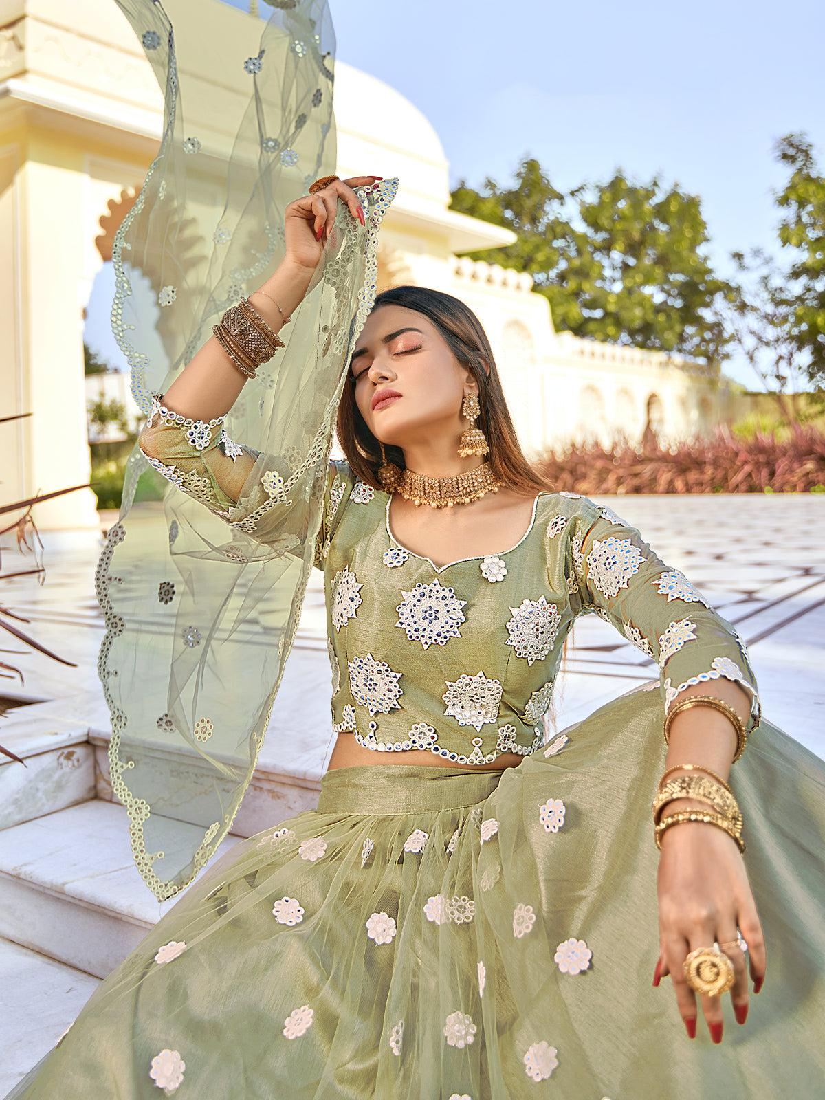 Odette Women Pistachio Green Fancy Net Semi Stitched Lehenga With Unstitched Blouse - Image 3