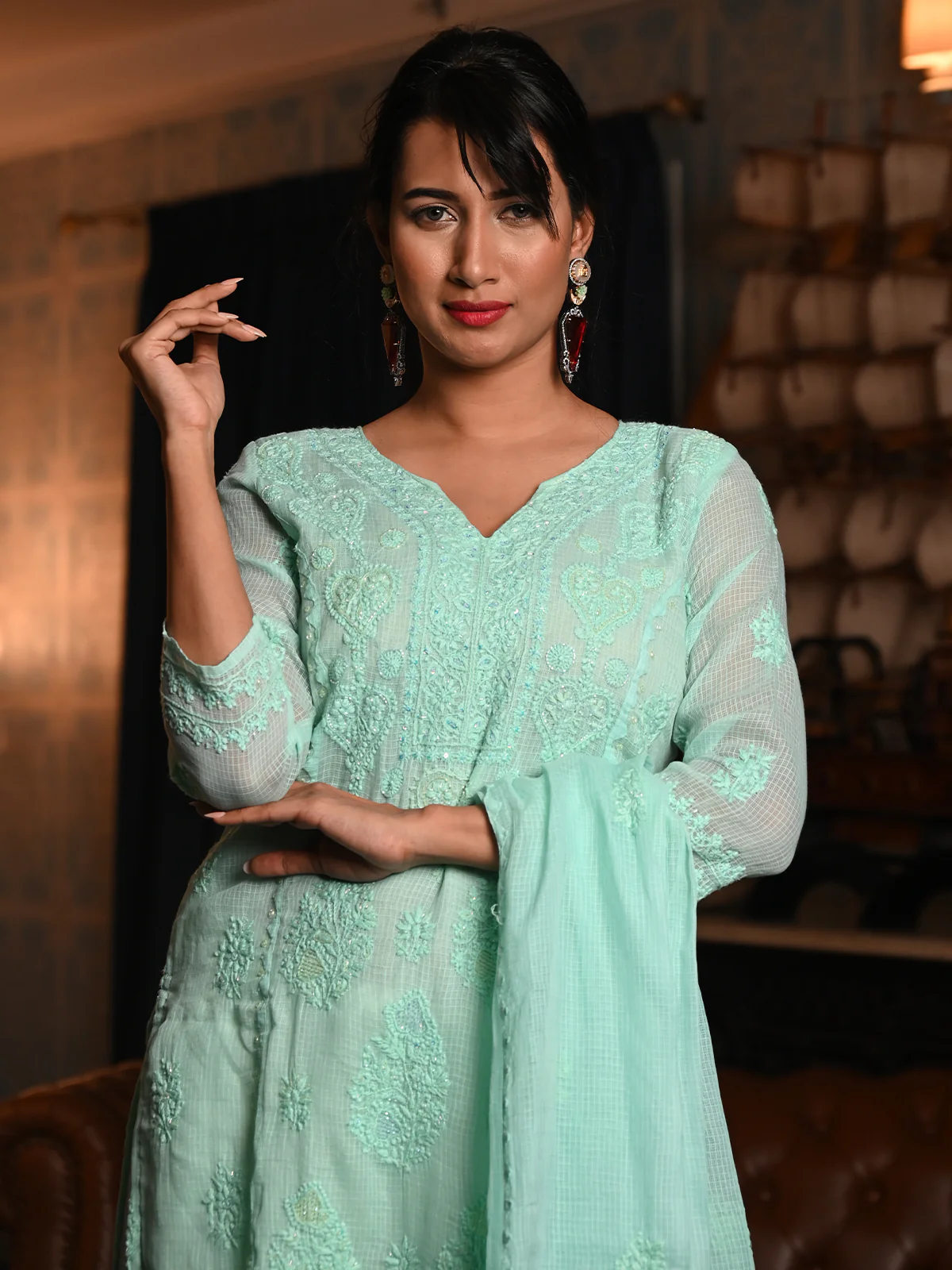Odette Women Sea Green Chequered Voile Chikankari Beads Embroidered Stitched Kurta With Dupatta - Image 2