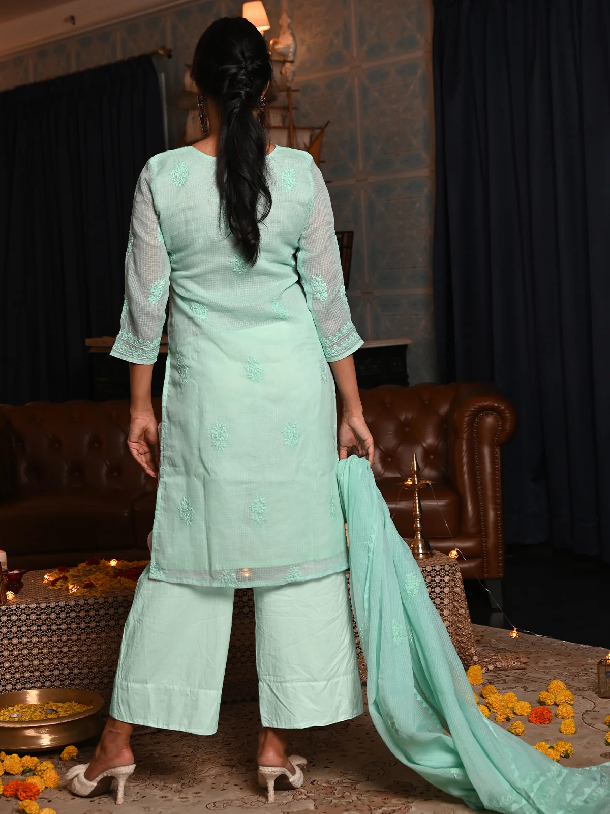 Odette Women Sea Green Chequered Voile Chikankari Beads Embroidered Stitched Kurta With Dupatta - Image 3