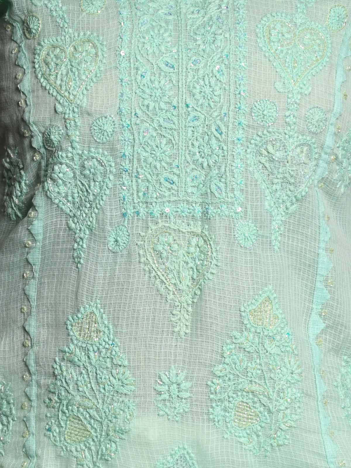 Odette Women Sea Green Chequered Voile Chikankari Beads Embroidered Stitched Kurta With Dupatta - Image 4