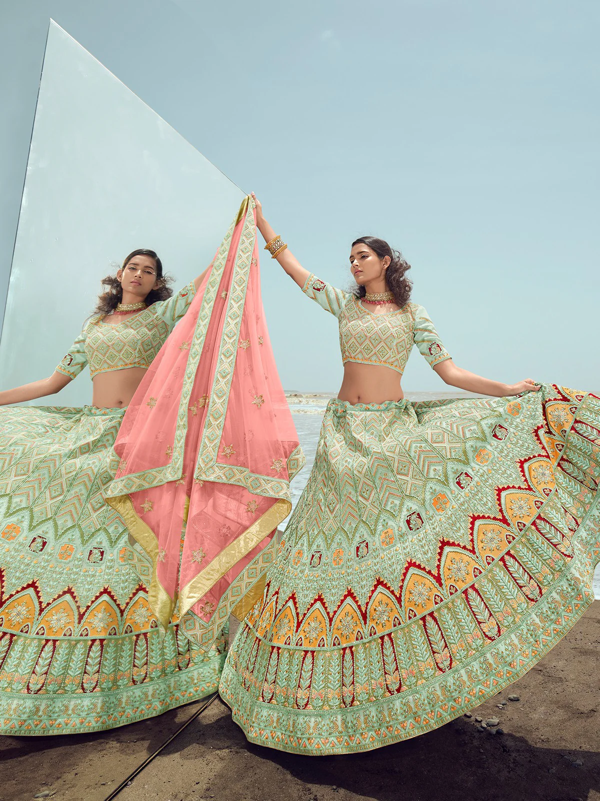 Odette Women Sea Green Georgette Embroidered Semi Stitched Lehenga With Unstitched Blouse - Image 2