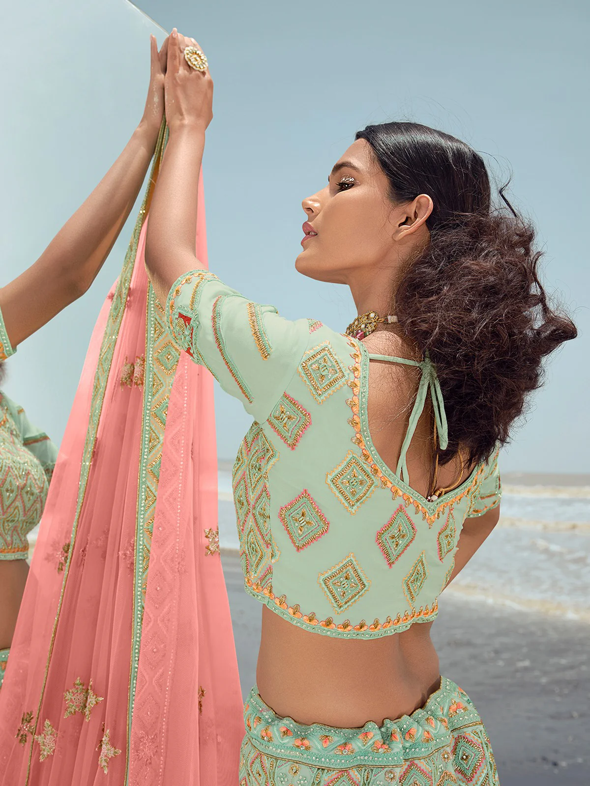 Odette Women Sea Green Georgette Embroidered Semi Stitched Lehenga With Unstitched Blouse - Image 3