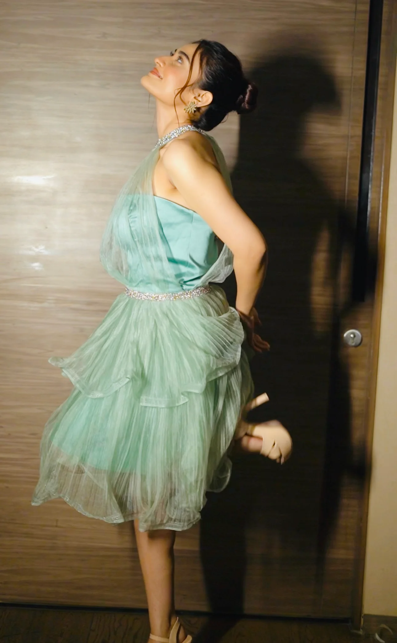 Odette Women Sea Green Embellished Net And Satin Dress - Image 6
