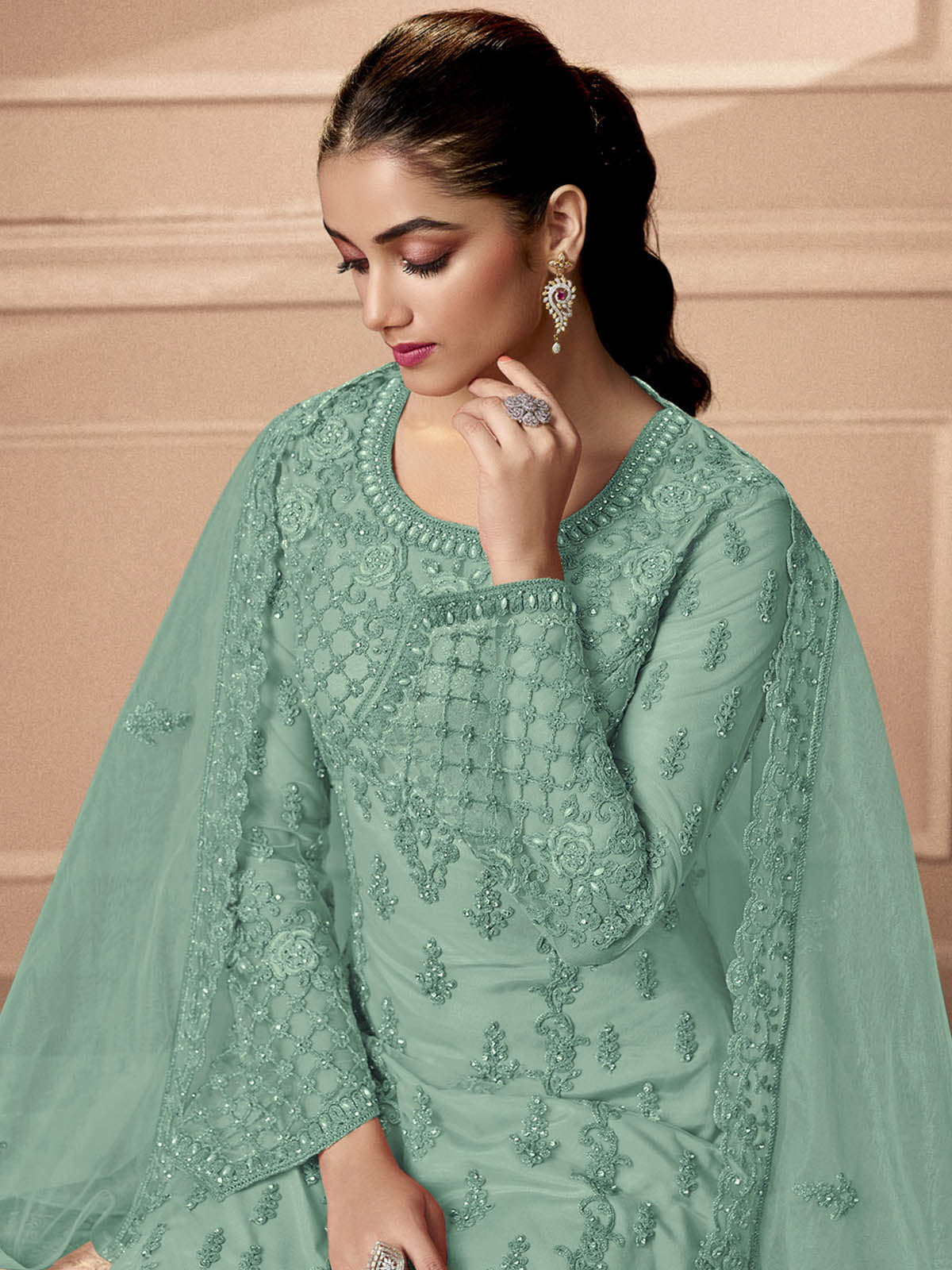 Odette Women Sea Green Embroidered Georgette Semi Stitched Palazzo Suit - Image 2