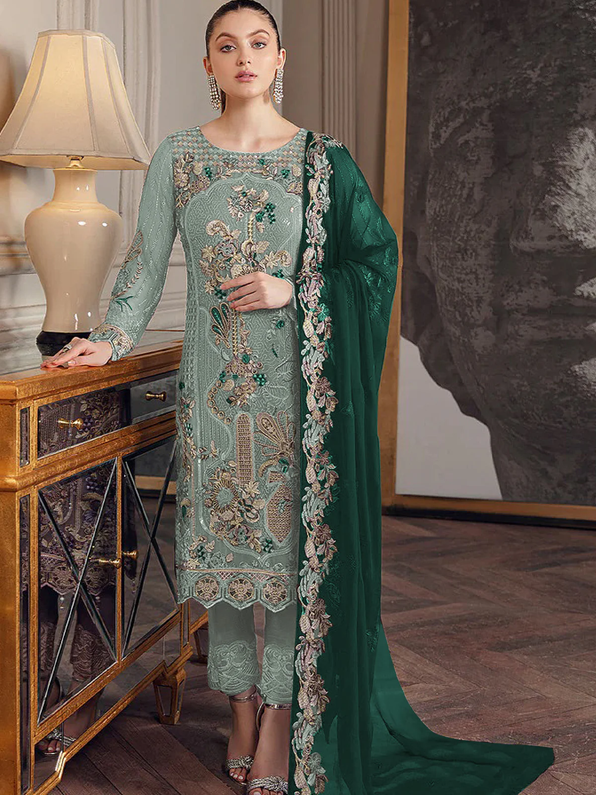 Odette Women Sea Green Embroidered Georgette Semi Stitched Salwar Suit