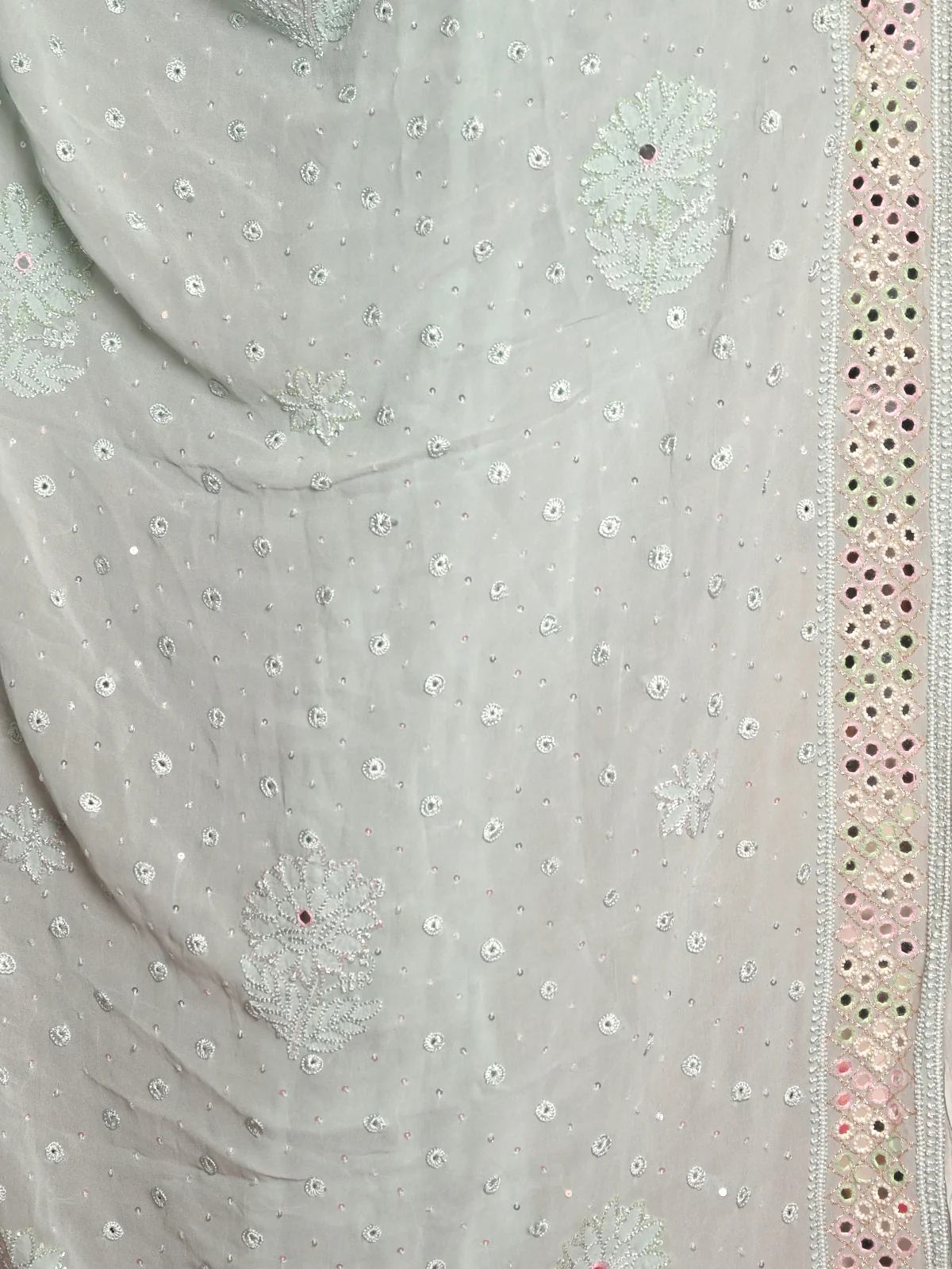 Odette Women Sea Green Georgette Chikankari Beads Embroidered Saree With Unstitched Blouse - Image 5
