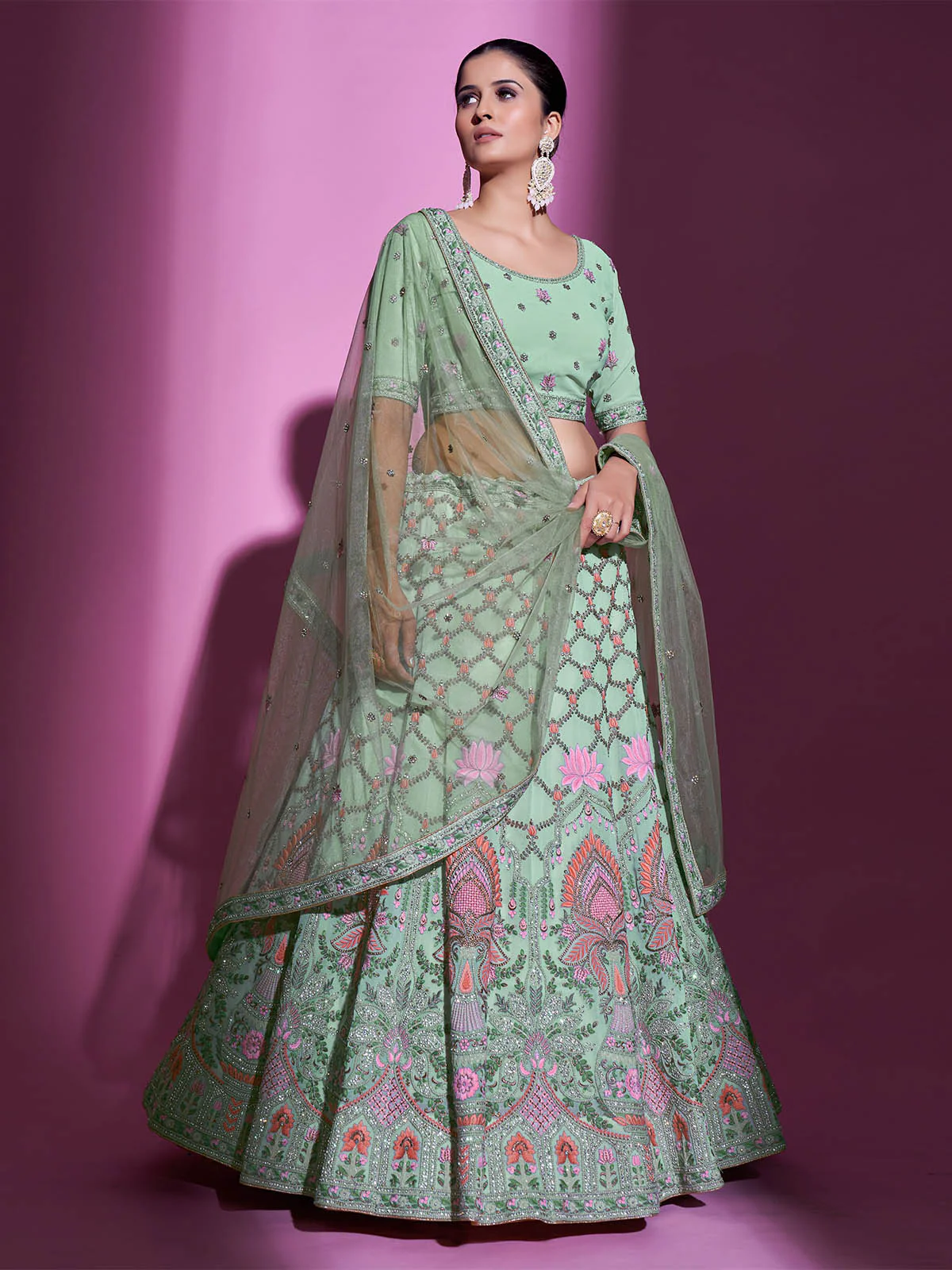 Odette Women Sea Green Georgette Embroidered Semi Stitched Lehenga With Unstitched Blouse - Image 2