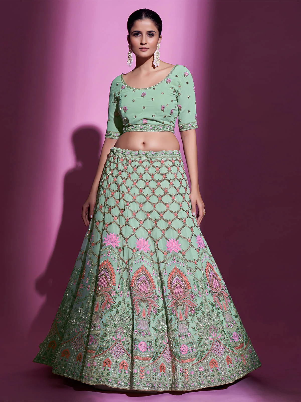 Odette Women Sea Green Georgette Embroidered Semi Stitched Lehenga With Unstitched Blouse - Image 4