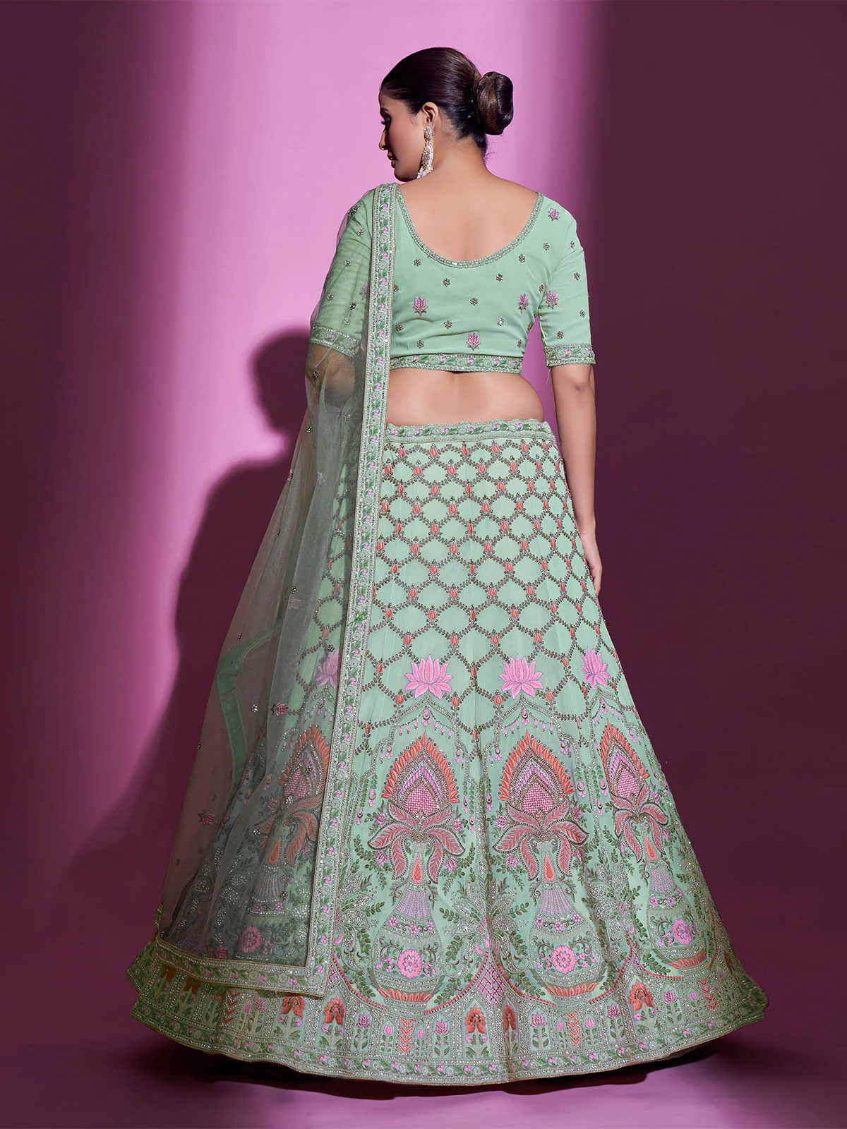 Odette Women Sea Green Georgette Embroidered Semi Stitched Lehenga With Unstitched Blouse - Image 5