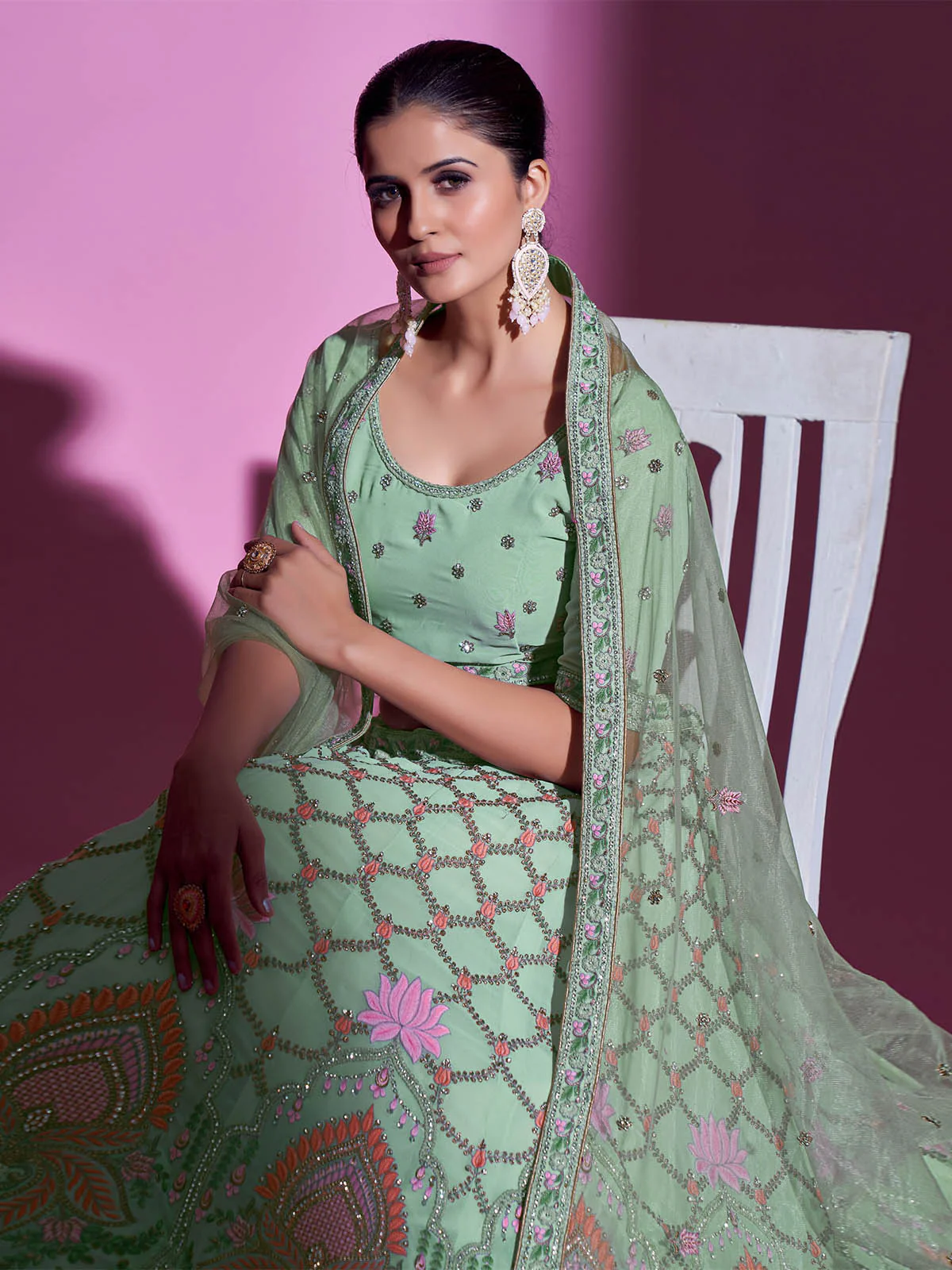 Odette Women Sea Green Georgette Embroidered Semi Stitched Lehenga With Unstitched Blouse - Image 6