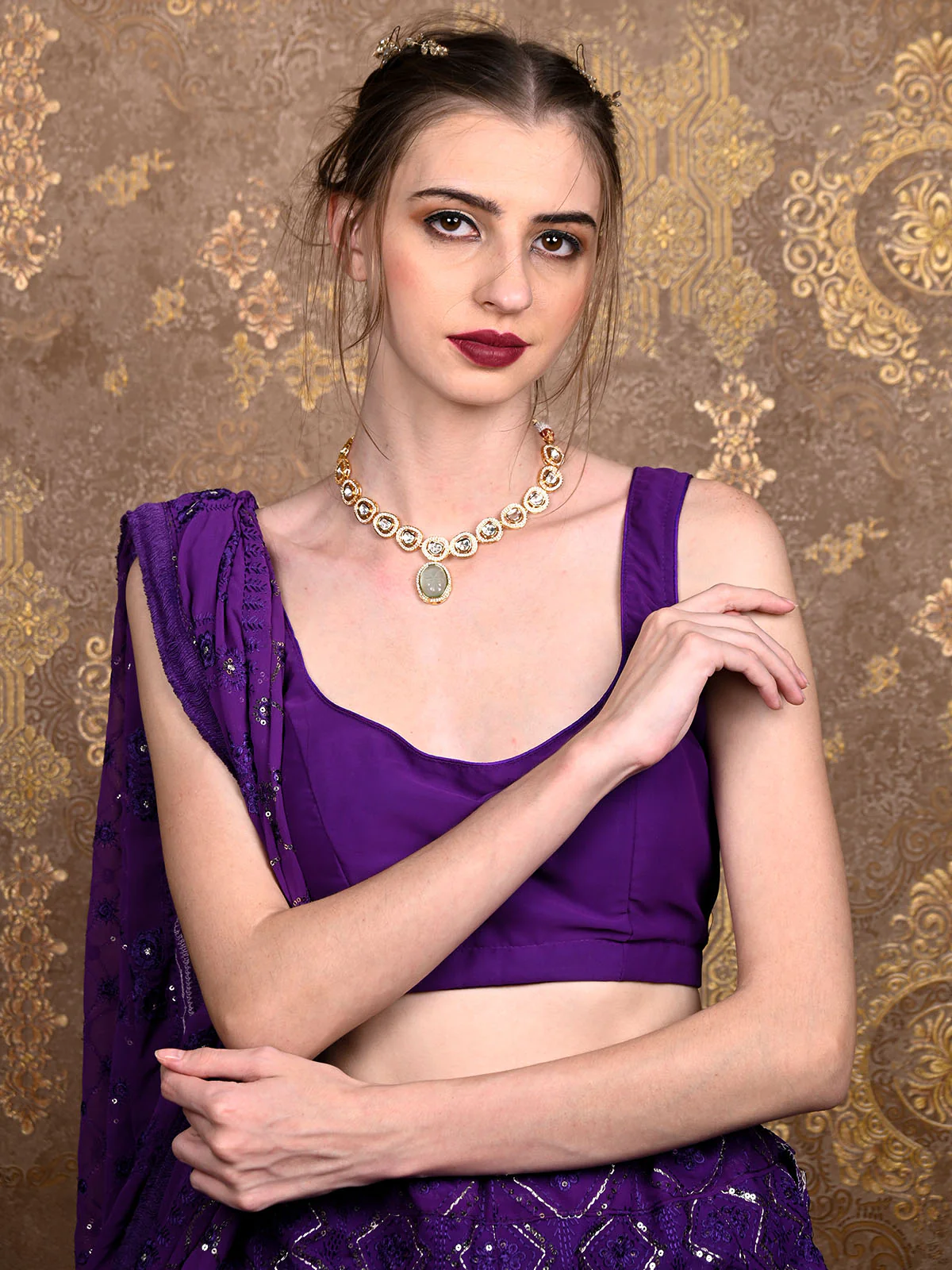 Odette Women Sea Green Gold Plated Choker Necklace Set - Image 2