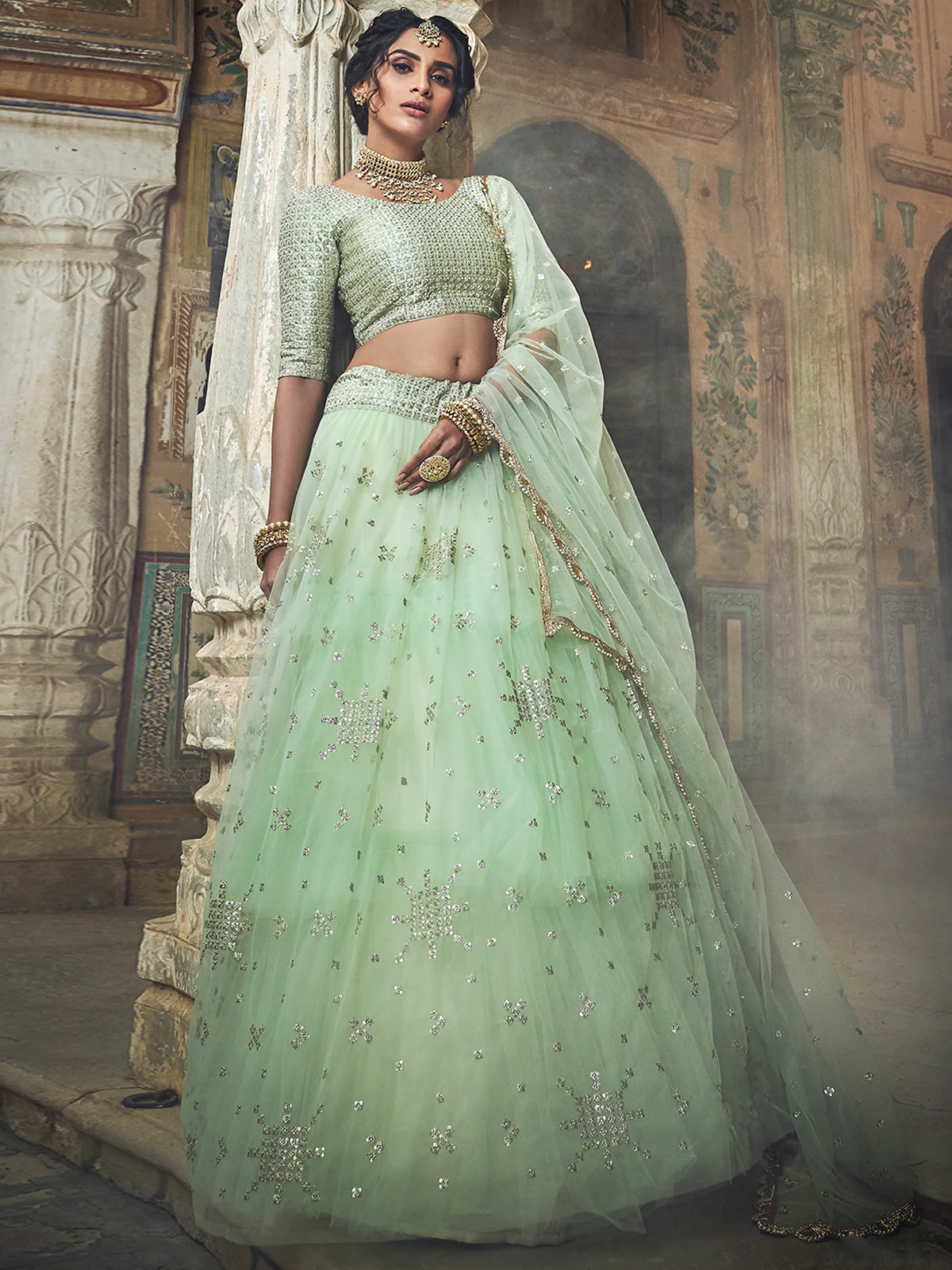 Odette Women Sea Green Sequins, Zari Semi Stitched Lehenga With Unstitched Blouse - Image 2