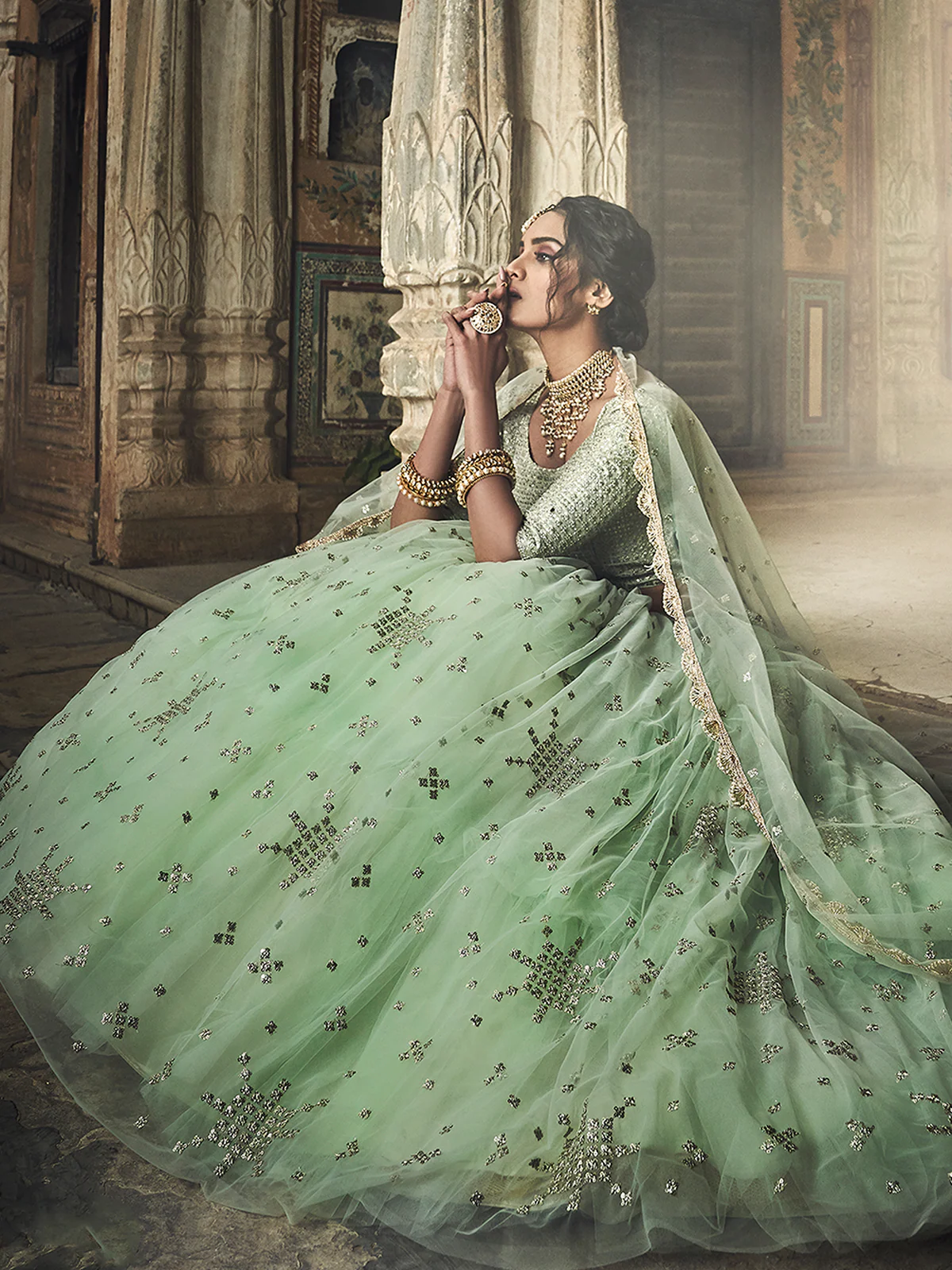 Odette Women Sea Green Sequins, Zari Semi Stitched Lehenga With Unstitched Blouse - Image 3