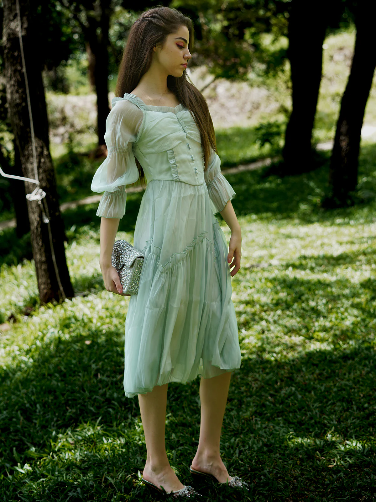 Odette Women Sea Green Solid Polyester Voil Stitched Dress - Image 3
