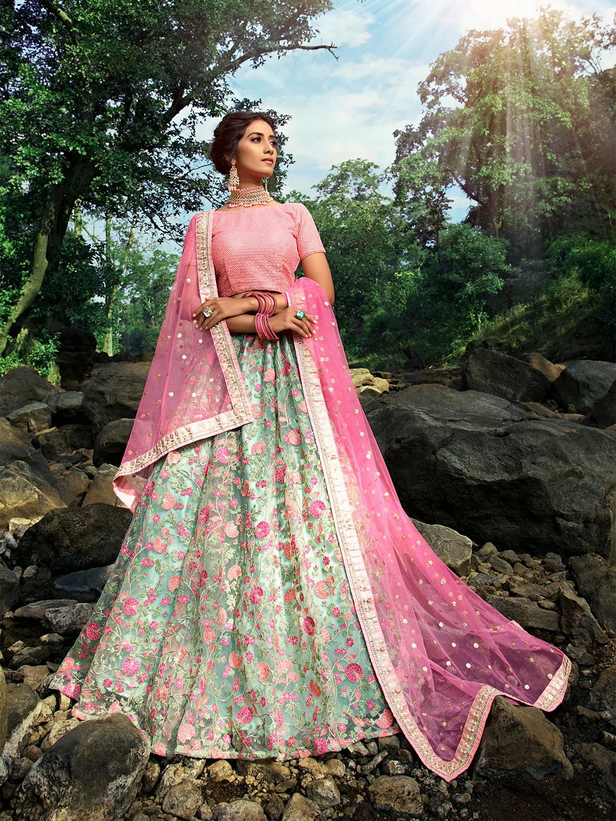 Odette Women Sea Green Stunning Semi Stitched Lehenga With Unstitched Blouse