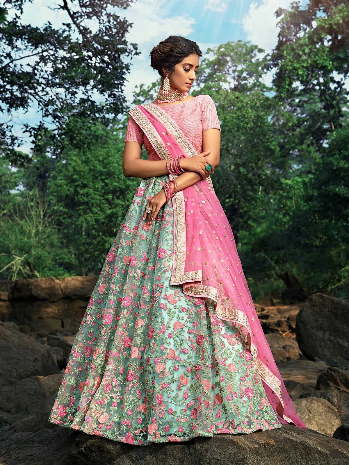 Odette Women Sea Green Stunning Semi Stitched Lehenga With Unstitched Blouse - Image 2