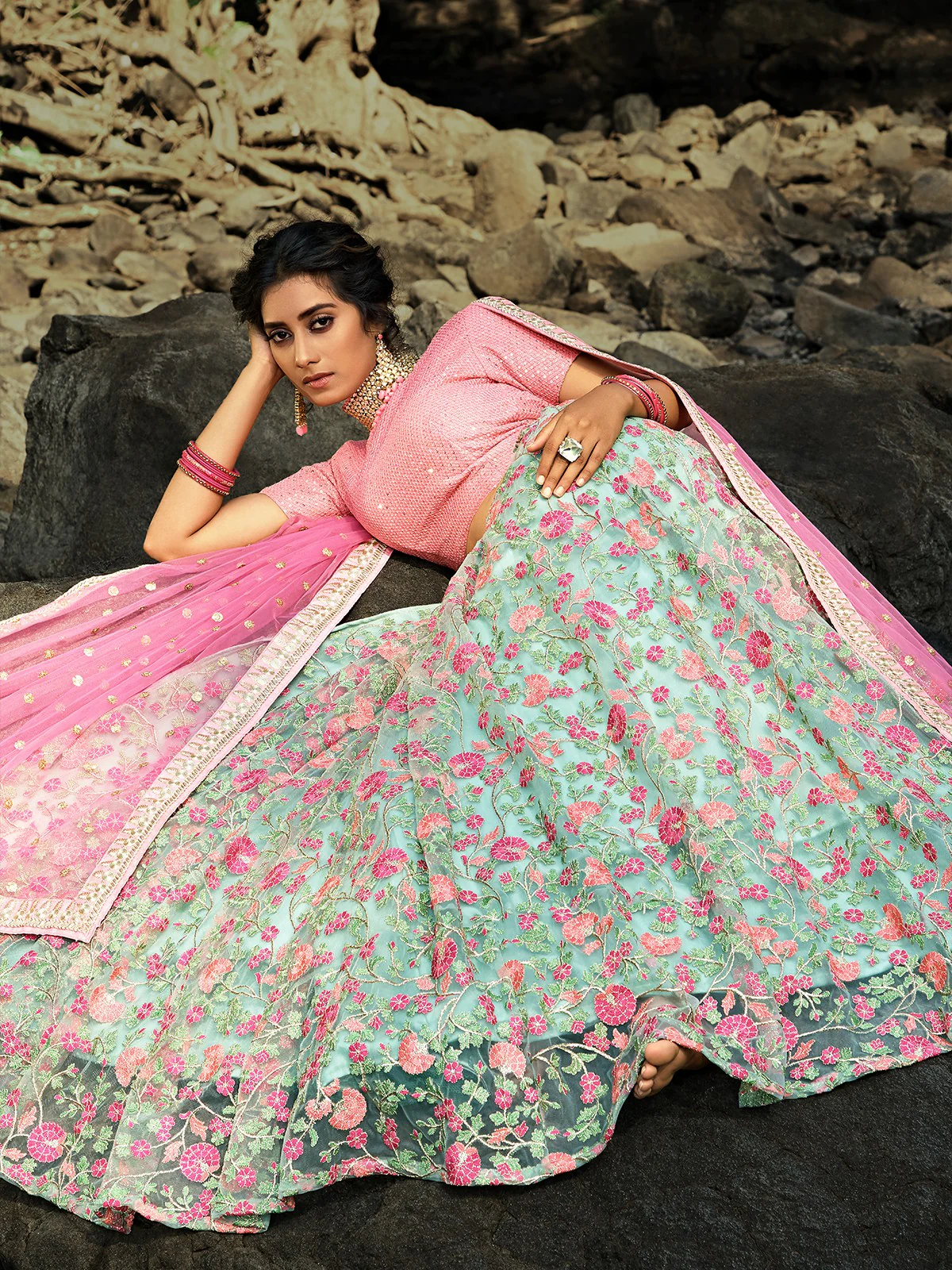 Odette Women Sea Green Stunning Semi Stitched Lehenga With Unstitched Blouse - Image 3