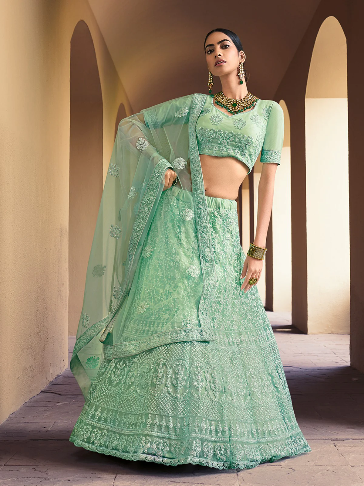 Odette Women Sea Green Stunning Semi Stitched Lehenga With Unstitched Blouse