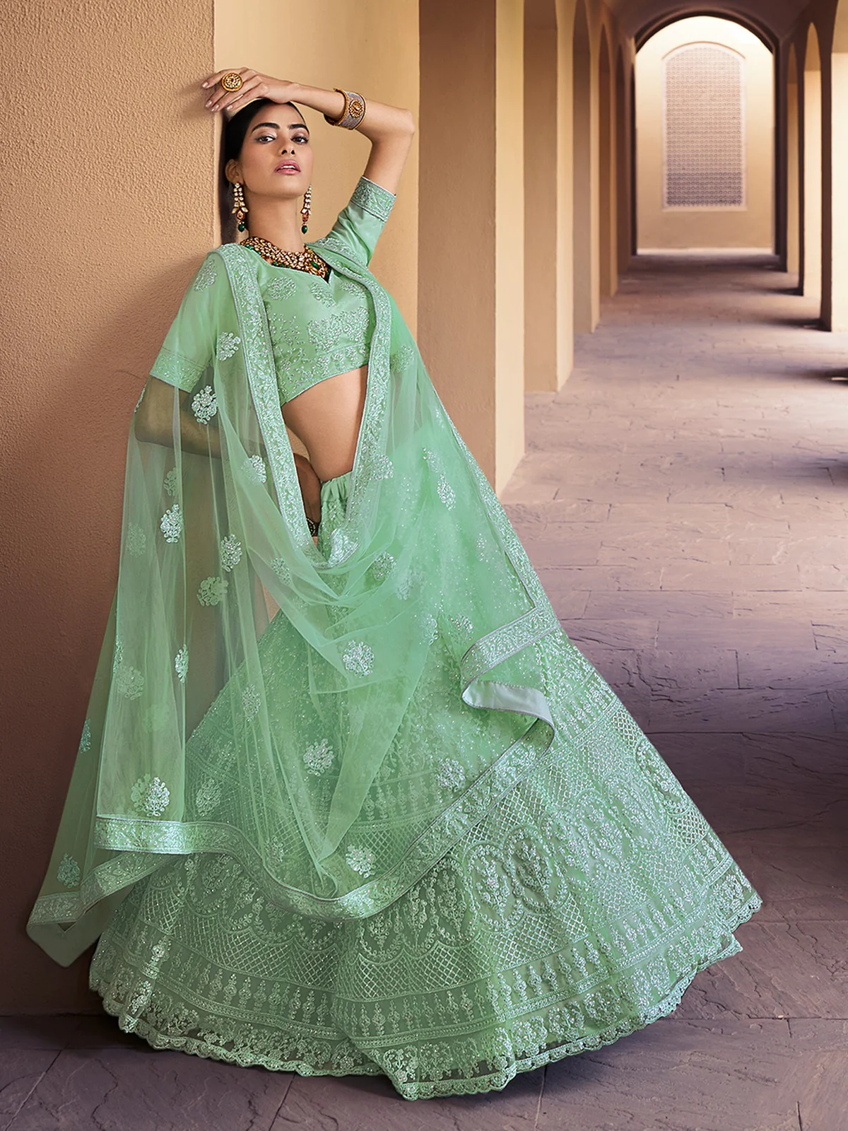Odette Women Sea Green Stunning Semi Stitched Lehenga With Unstitched Blouse - Image 2