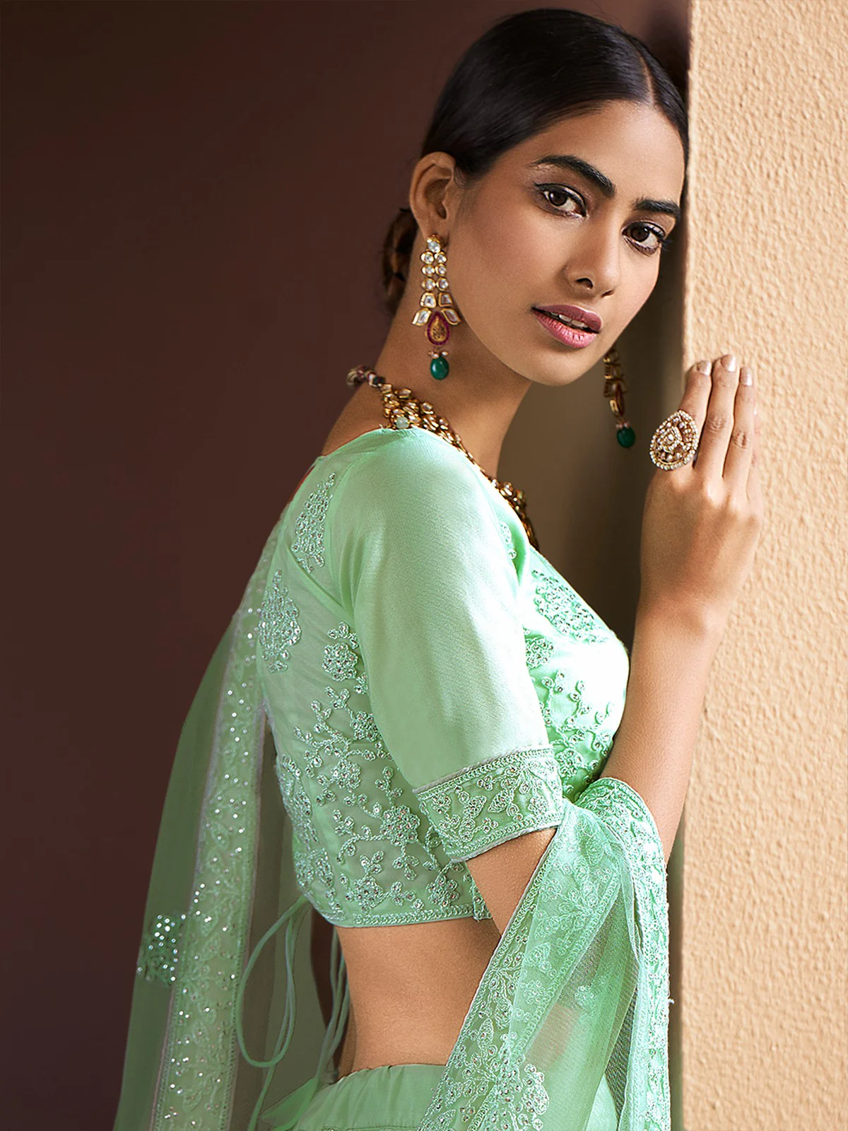 Odette Women Sea Green Stunning Semi Stitched Lehenga With Unstitched Blouse - Image 3