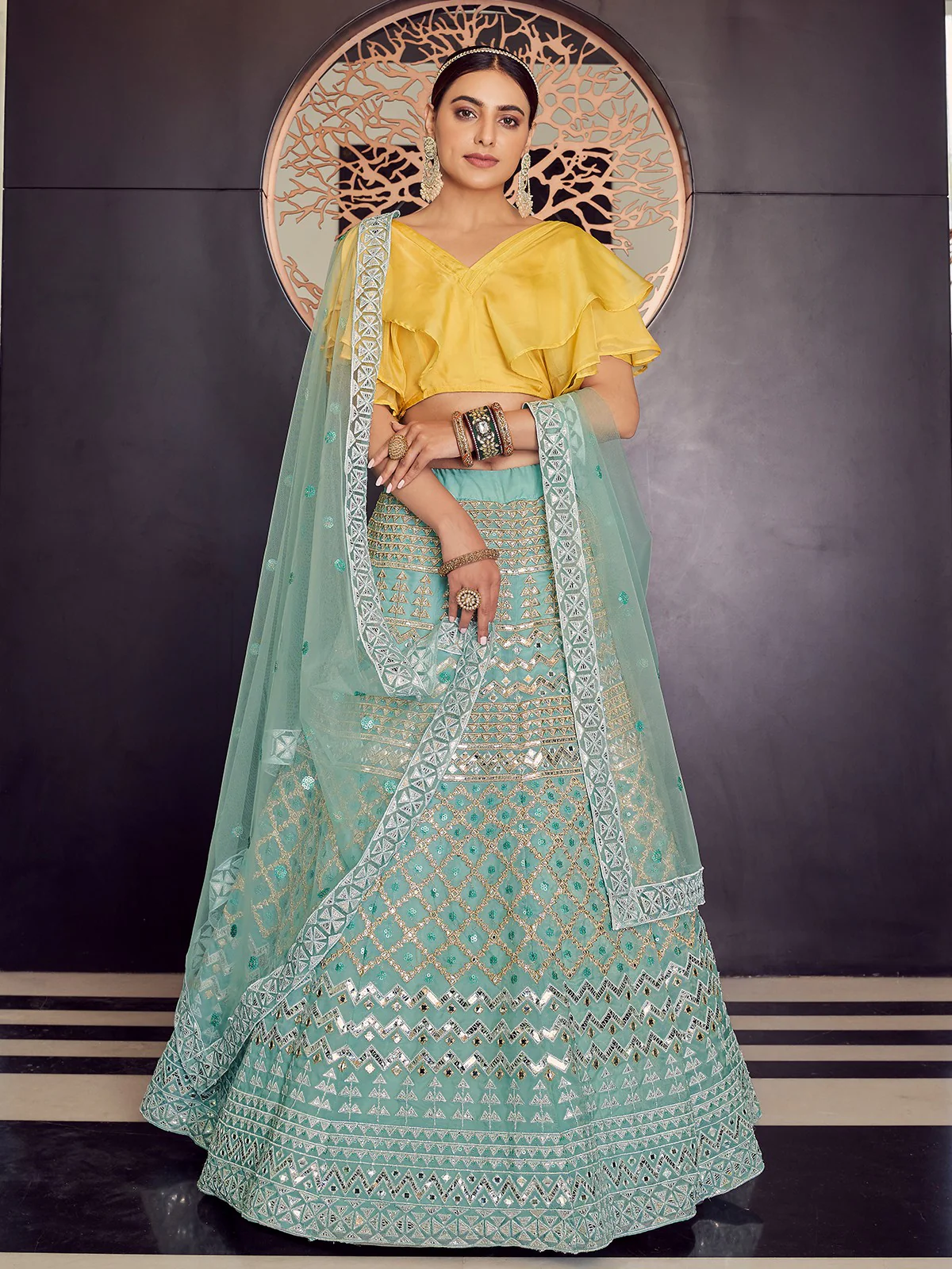 Odette Women Sea Green Stunning Semi Stitched Lehenga With Unstitched Blouse