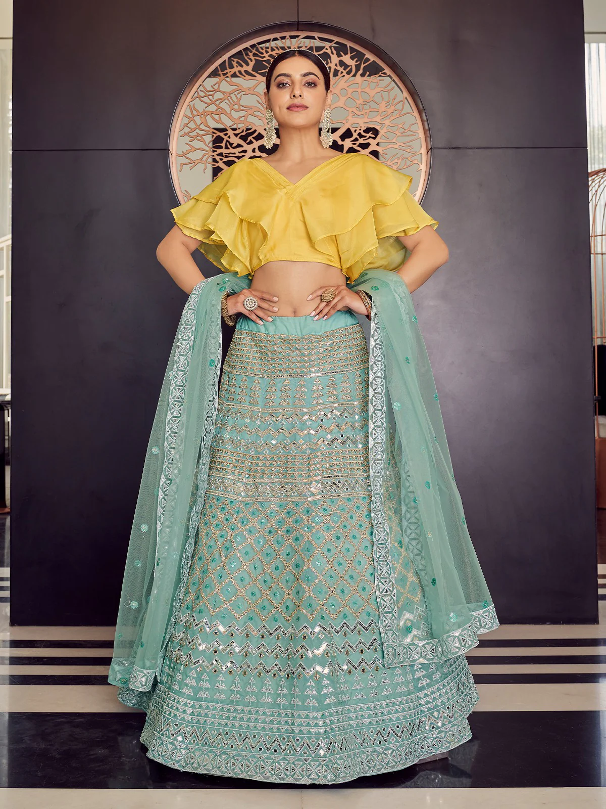 Odette Women Sea Green Stunning Semi Stitched Lehenga With Unstitched Blouse - Image 2