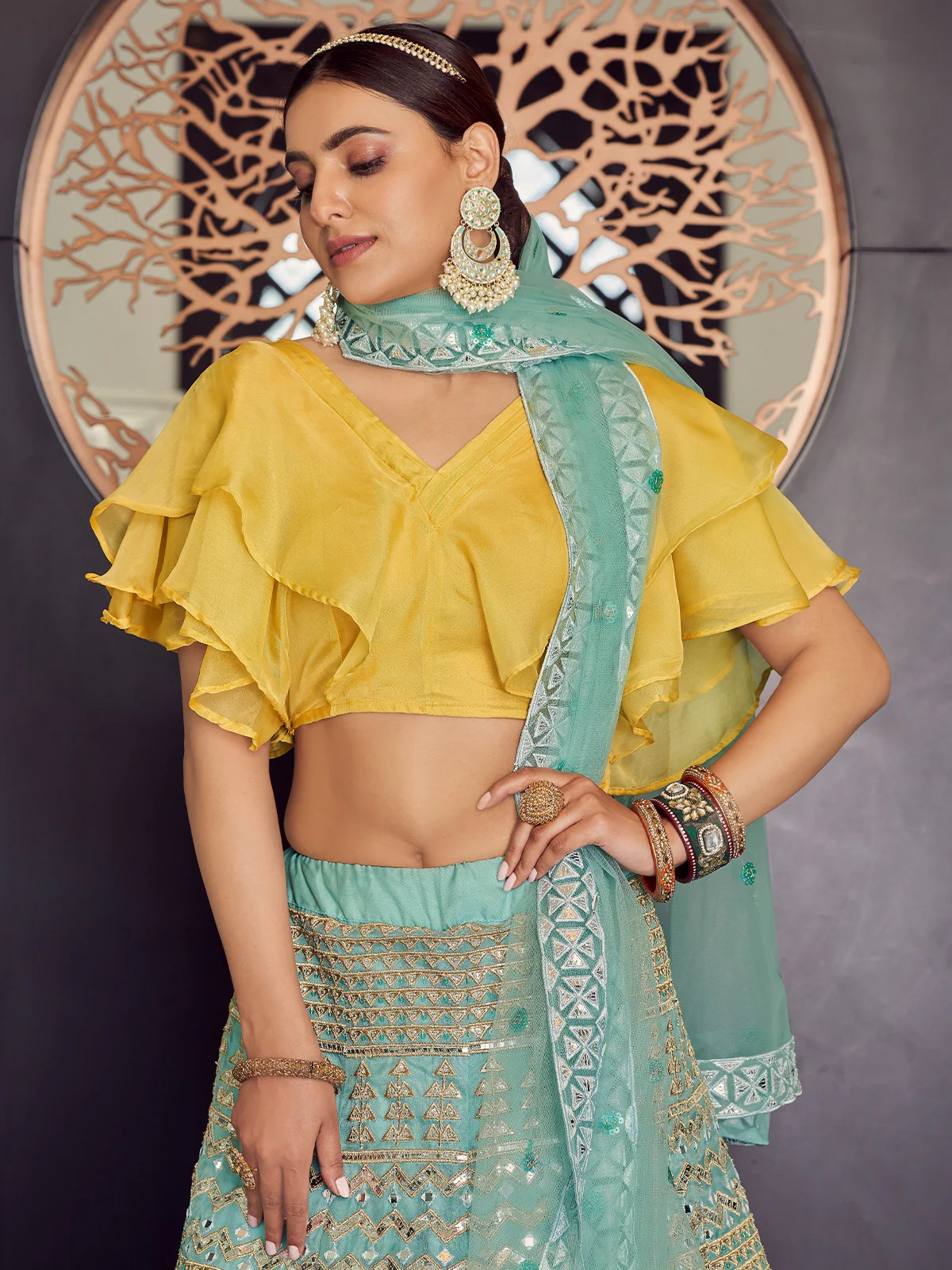 Odette Women Sea Green Stunning Semi Stitched Lehenga With Unstitched Blouse - Image 3