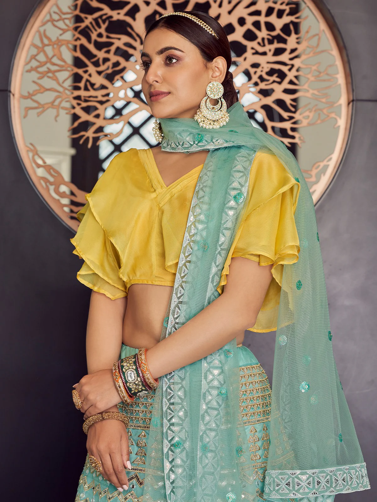 Odette Women Sea Green Stunning Semi Stitched Lehenga With Unstitched Blouse - Image 4