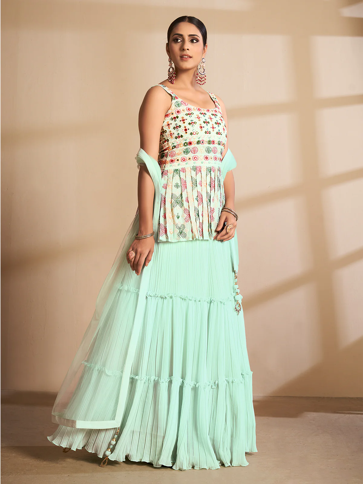 Odette Women Sea Green Embroidered Georgette Semi Stitched Lehenga With Unstitched Blouse - Image 2