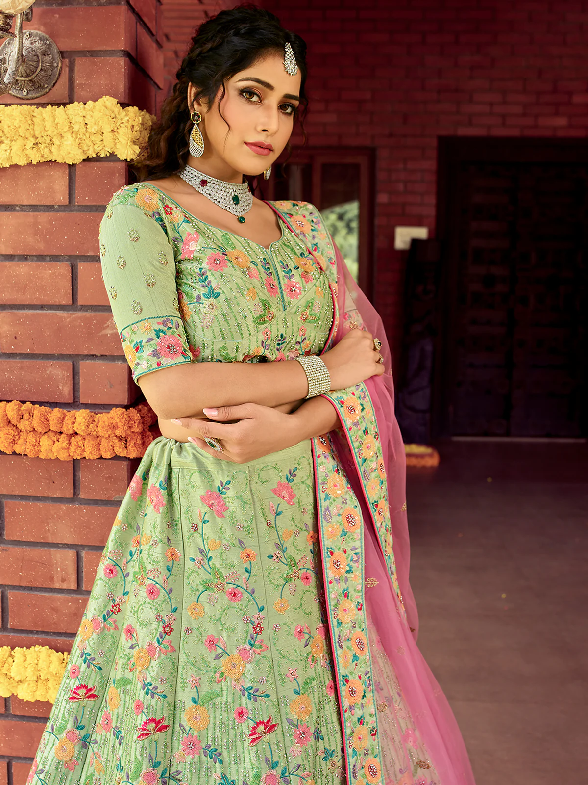 Odette Women Semi Stitched Green Raw Silk Lehenga Choli - Image 2