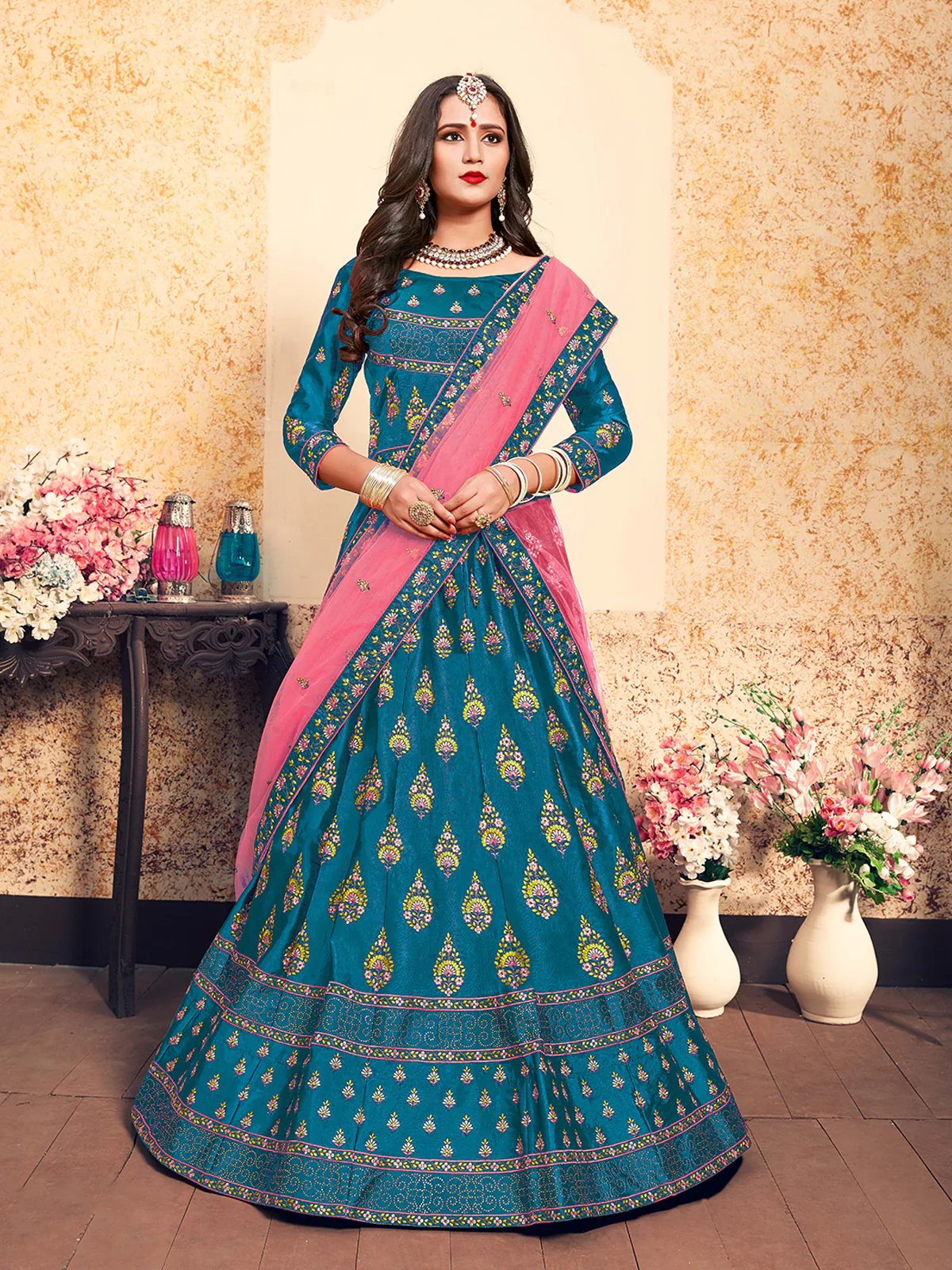 Odette Women Semi Stitched Teal Embroidered Semi Stitched Lehenga With Unstitched Blouse - Image 2