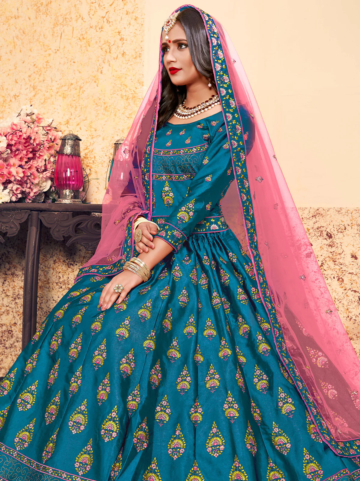 Odette Women Semi Stitched Teal Embroidered Semi Stitched Lehenga With Unstitched Blouse - Image 3