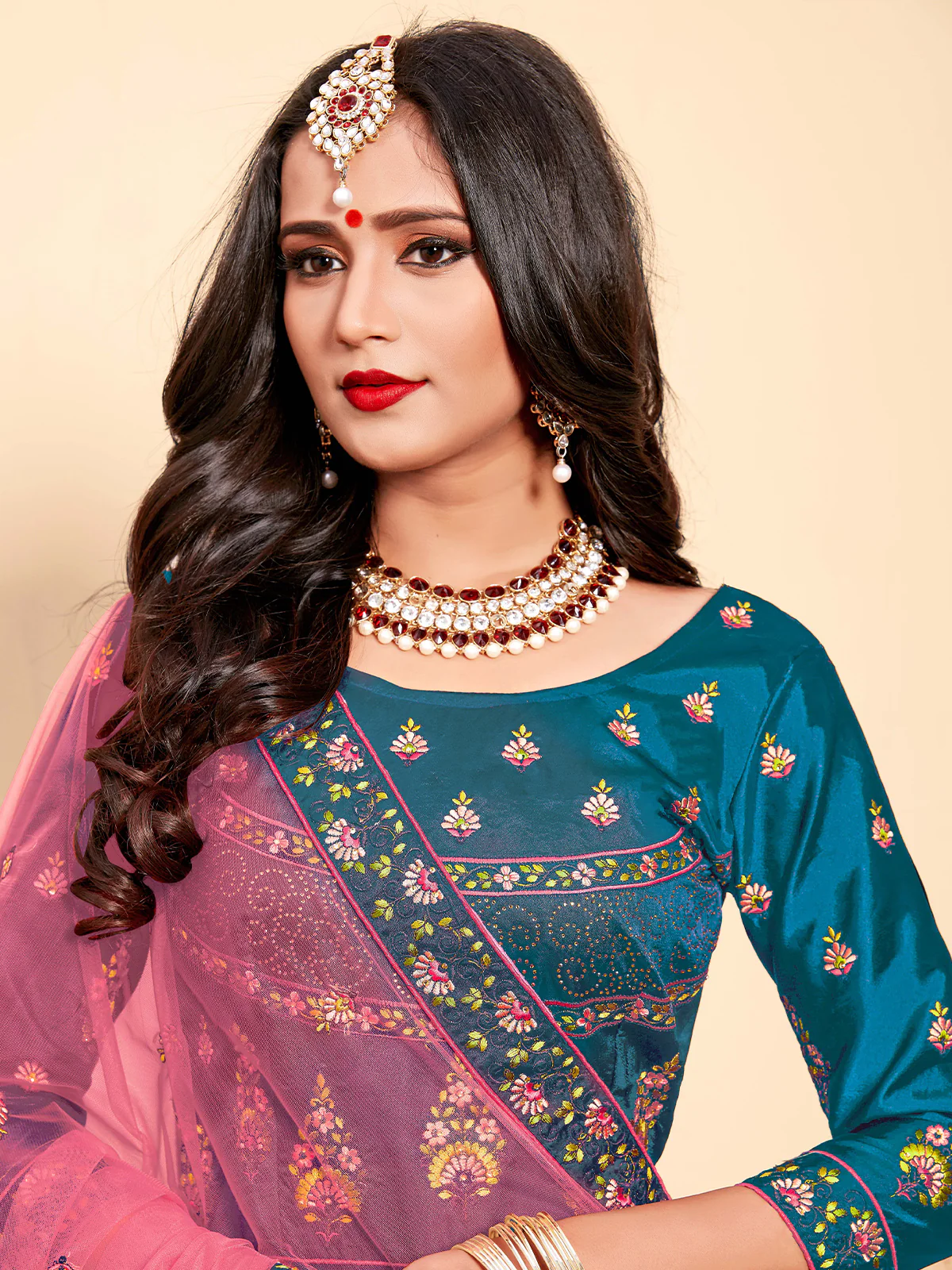 Odette Women Semi Stitched Teal Embroidered Semi Stitched Lehenga With Unstitched Blouse - Image 4