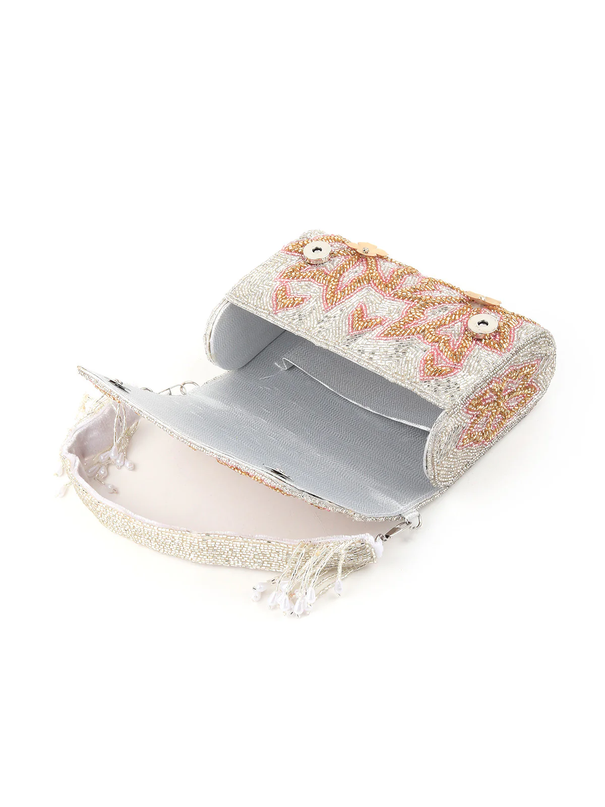 Odette Women Silver Fully Beaded Sequenced Clutch - Image 6