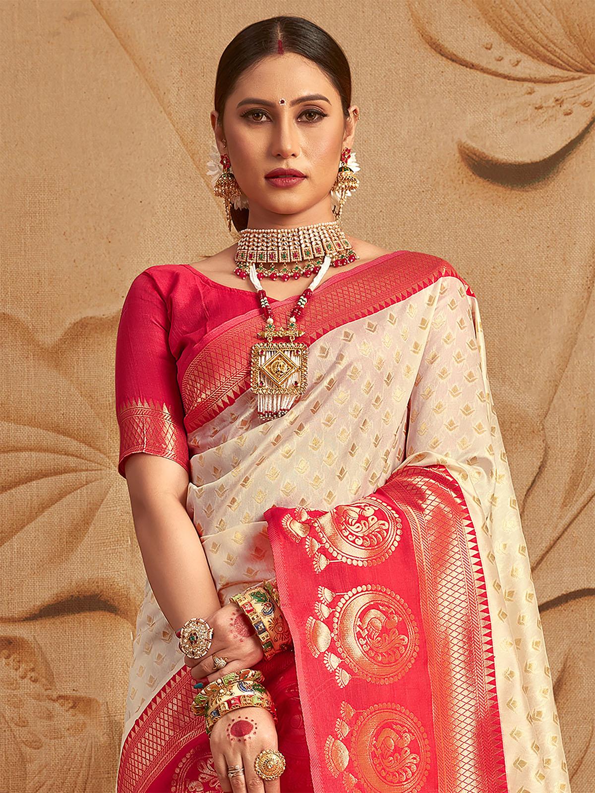 Odette Women Silk Blend Apricot And Red Woven Designer Saree With Unstitched Blouse - Image 2