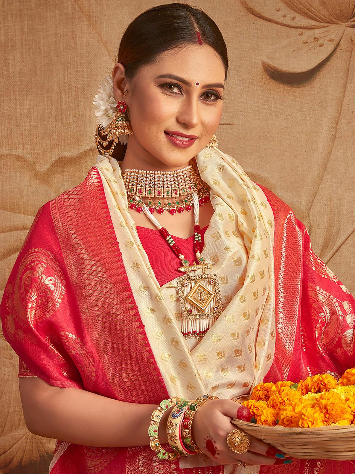 Odette Women Silk Blend Apricot And Red Woven Designer Saree With Unstitched Blouse - Image 3