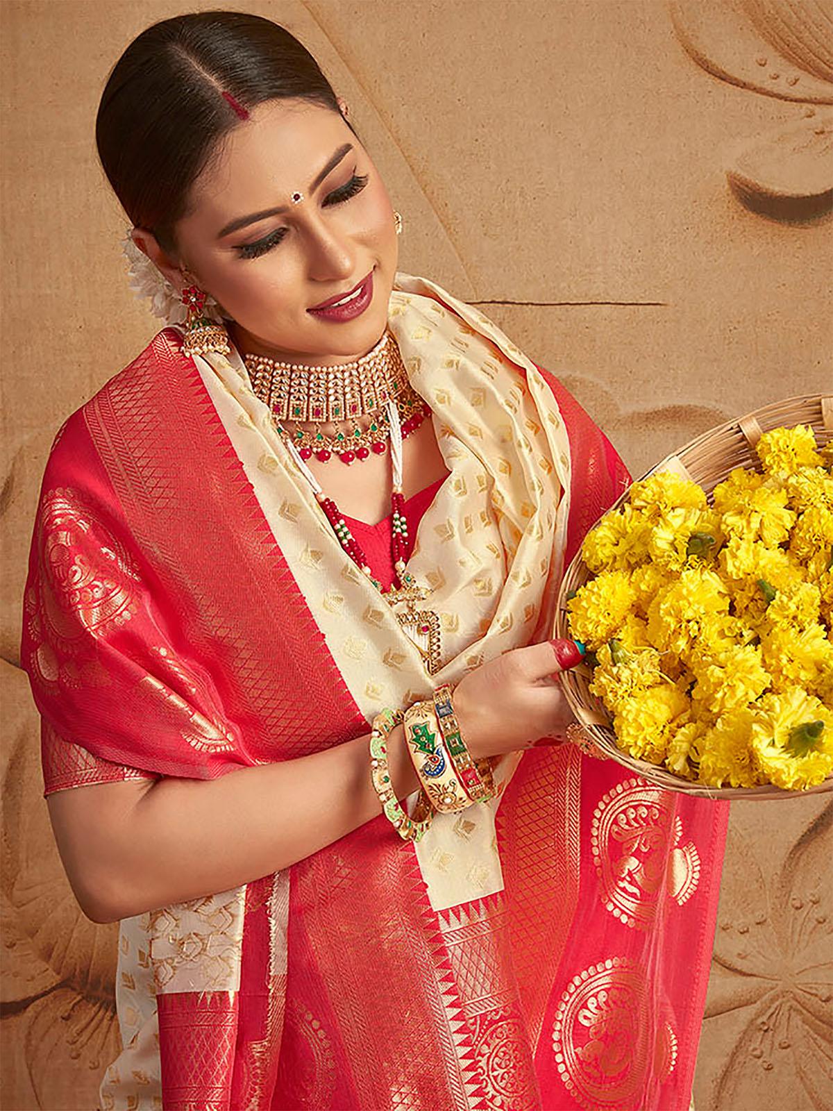 Odette Women Silk Blend Apricot And Red Woven Designer Saree With Unstitched Blouse - Image 4